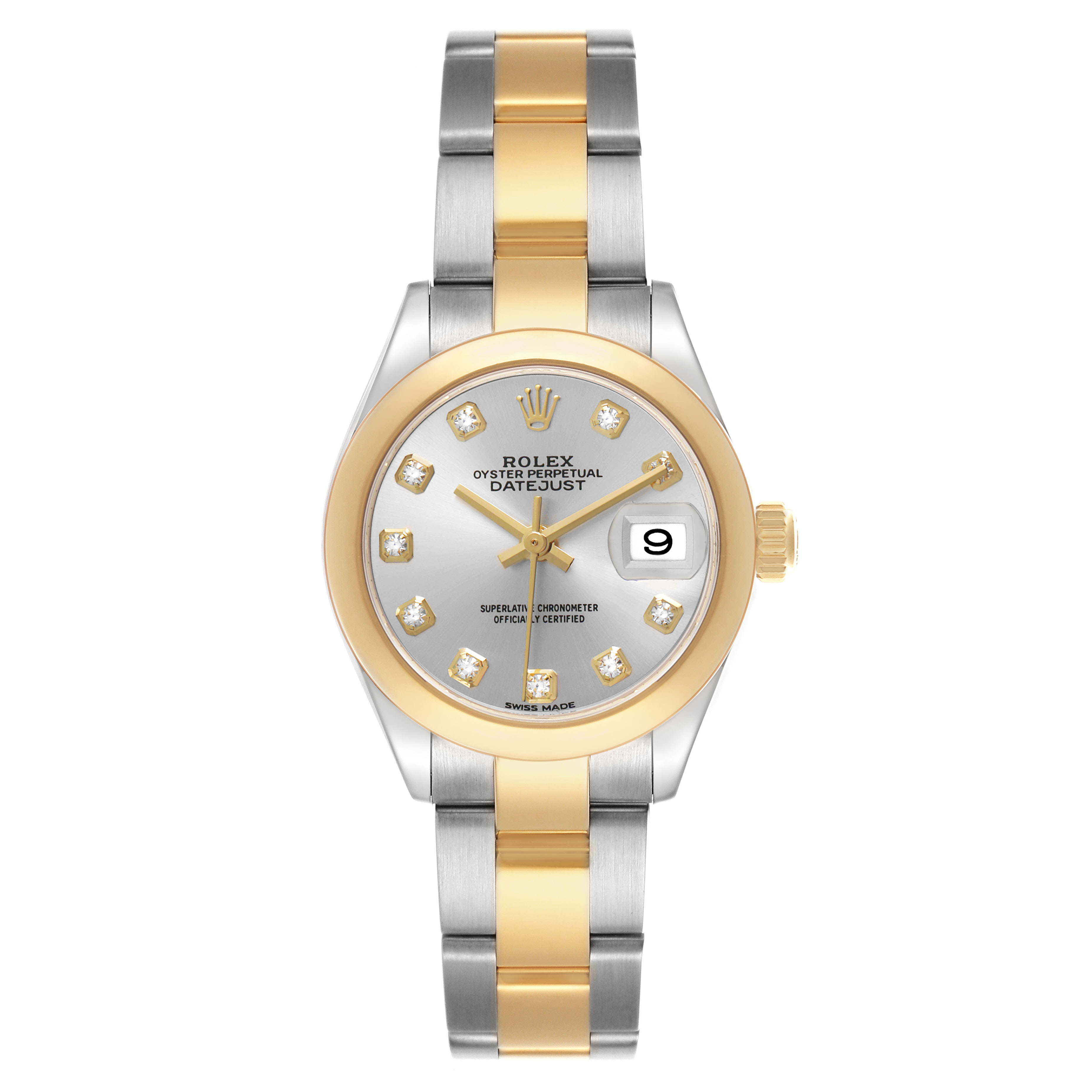 The Rolex Datejust 279163 Women's Steel and Gold (two tone) Silver Dial watch is shown from the front, highlighting the dial, bezel, and two-tone bracelet.