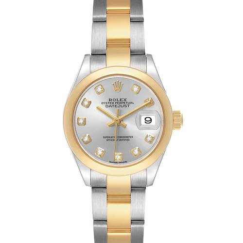 The Rolex Datejust 279163 Women's Steel and Gold (two tone) Silver Dial watch is shown from a front view, showcasing its dial, bezel, and two-tone bracelet.