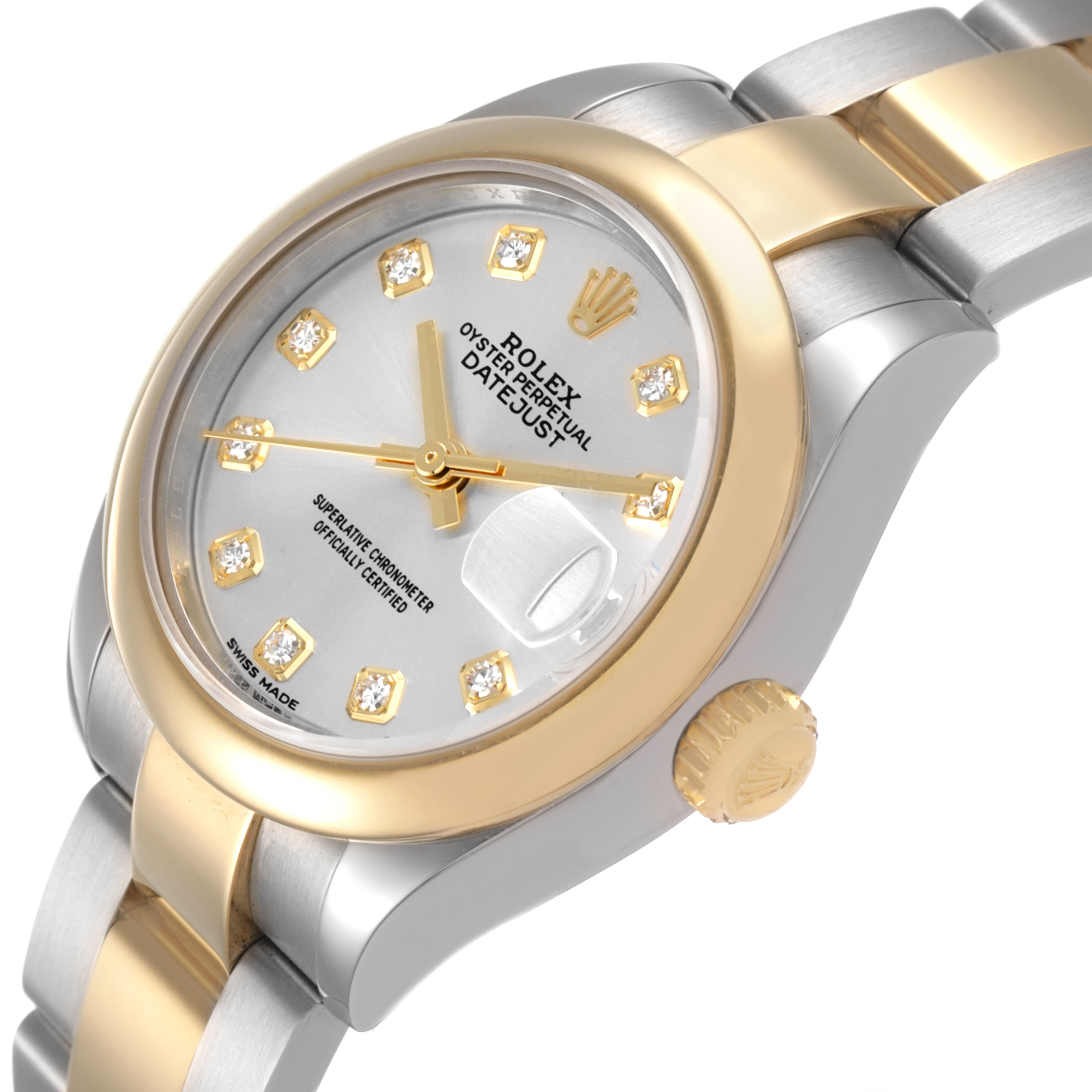 The Rolex Datejust 279163 Women's Steel and Gold (two tone) Silver Dial watch is angled to show the dial, bezel, and part of the bracelet, focusing on its two-tone design and diamond indices.