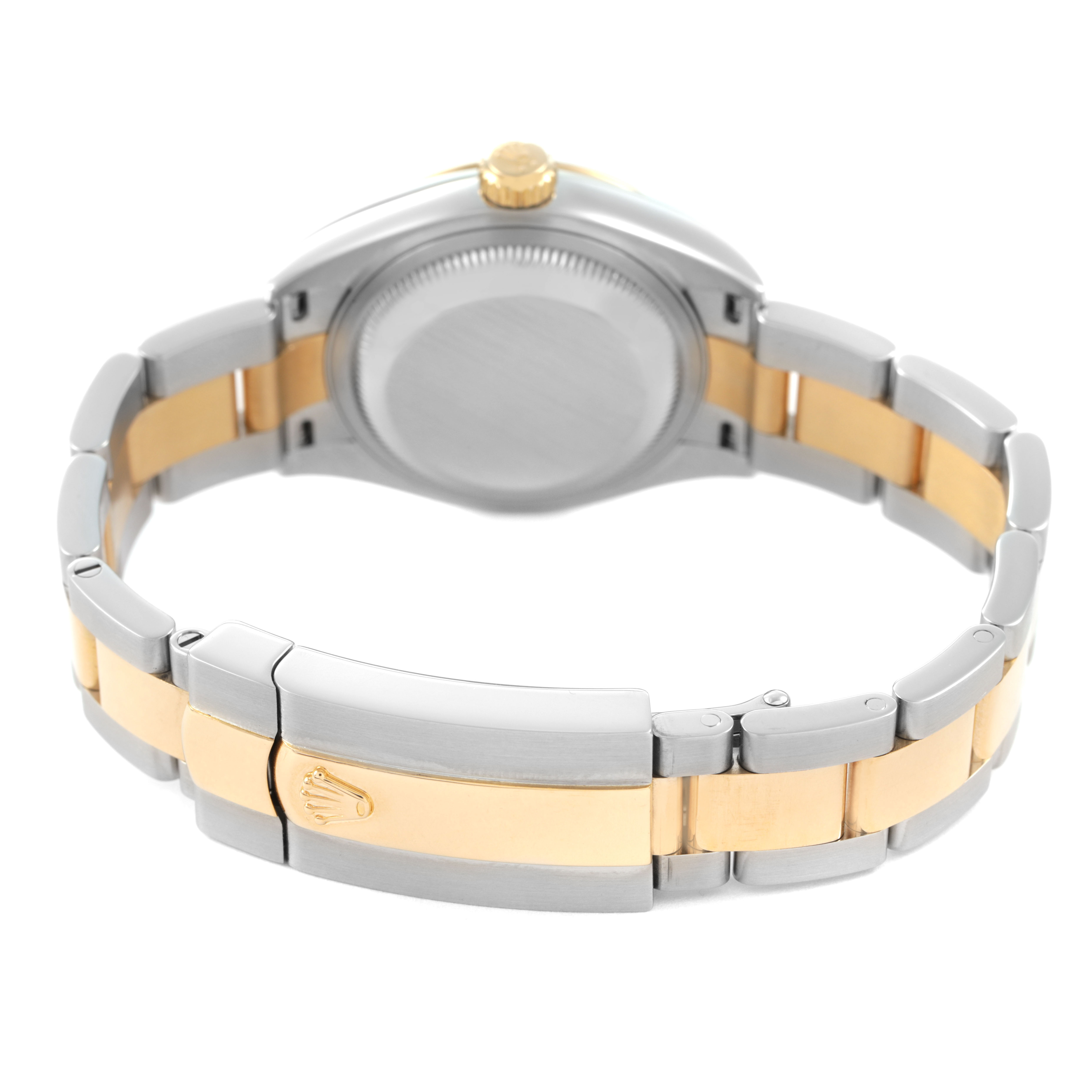 The Rolex Datejust 279163 Women's Steel and Gold (two tone) Silver Dial is shown from the rear angle, highlighting the mixed metal bracelet and clasp.