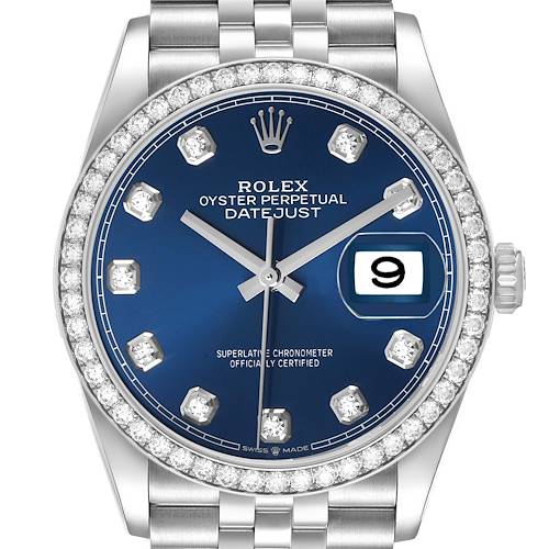 This Rolex Datejust 126284RBR Men's Stainless Steel Beige Dial watch is shown from a front angle, highlighting its blue dial, diamond markers, and bezel.