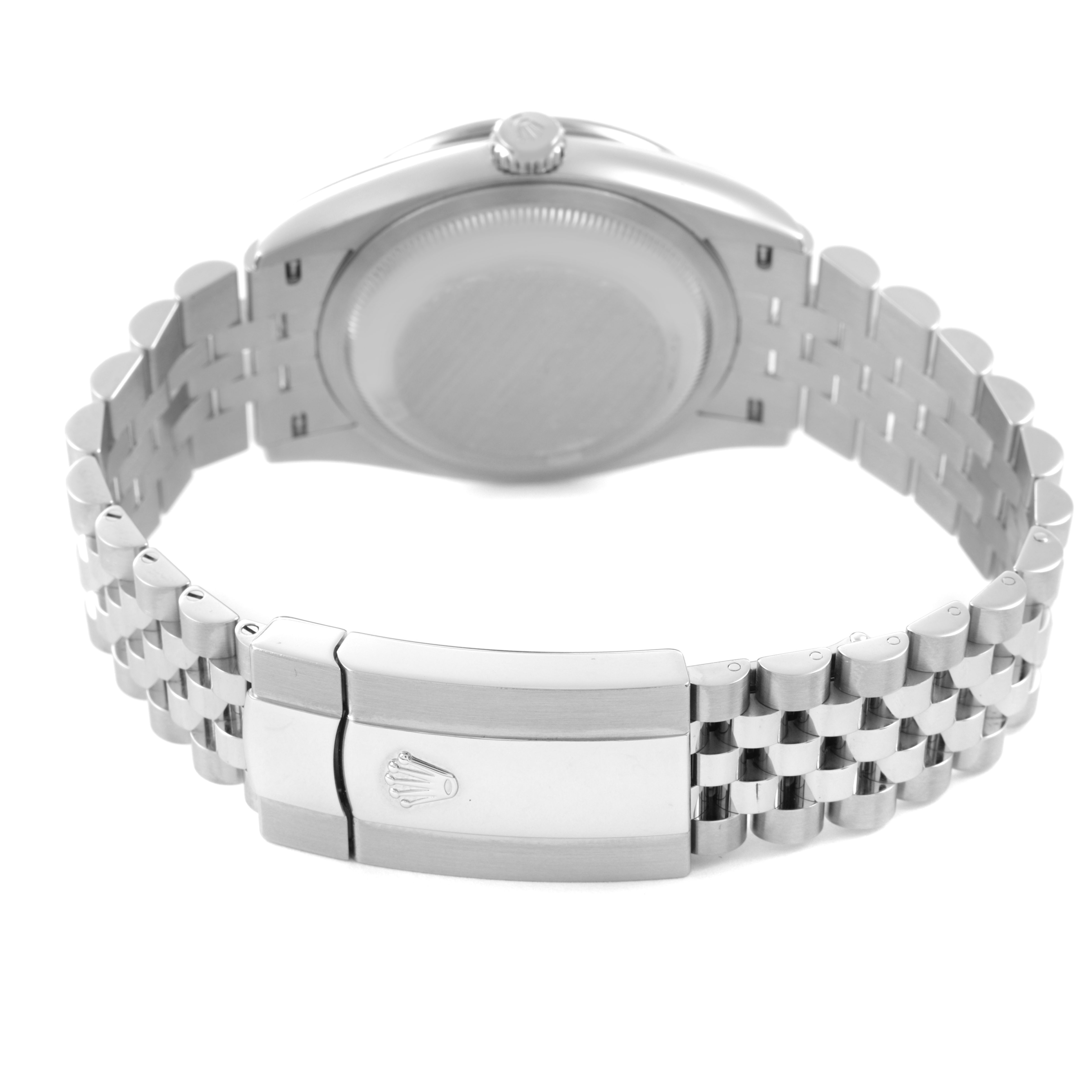 The image shows the back view of a Rolex Datejust 126284RBR Men's Stainless Steel Beige Dial watch, highlighting the case back and Jubilee bracelet with a closed clasp.