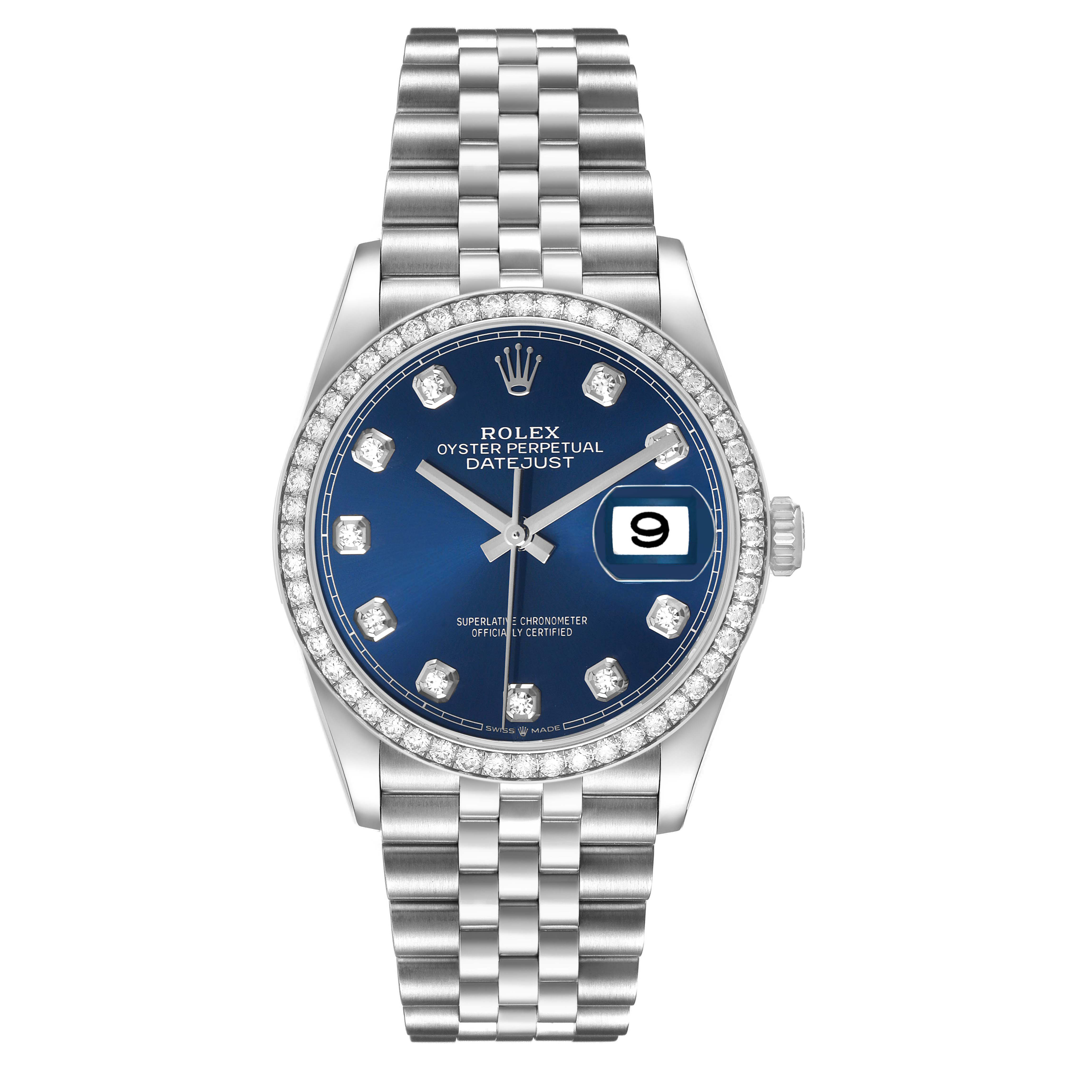 The Rolex Datejust 126284RBR Men's Stainless Steel Beige Dial watch is shown front-facing, displaying the dial, bracelet, and date window.