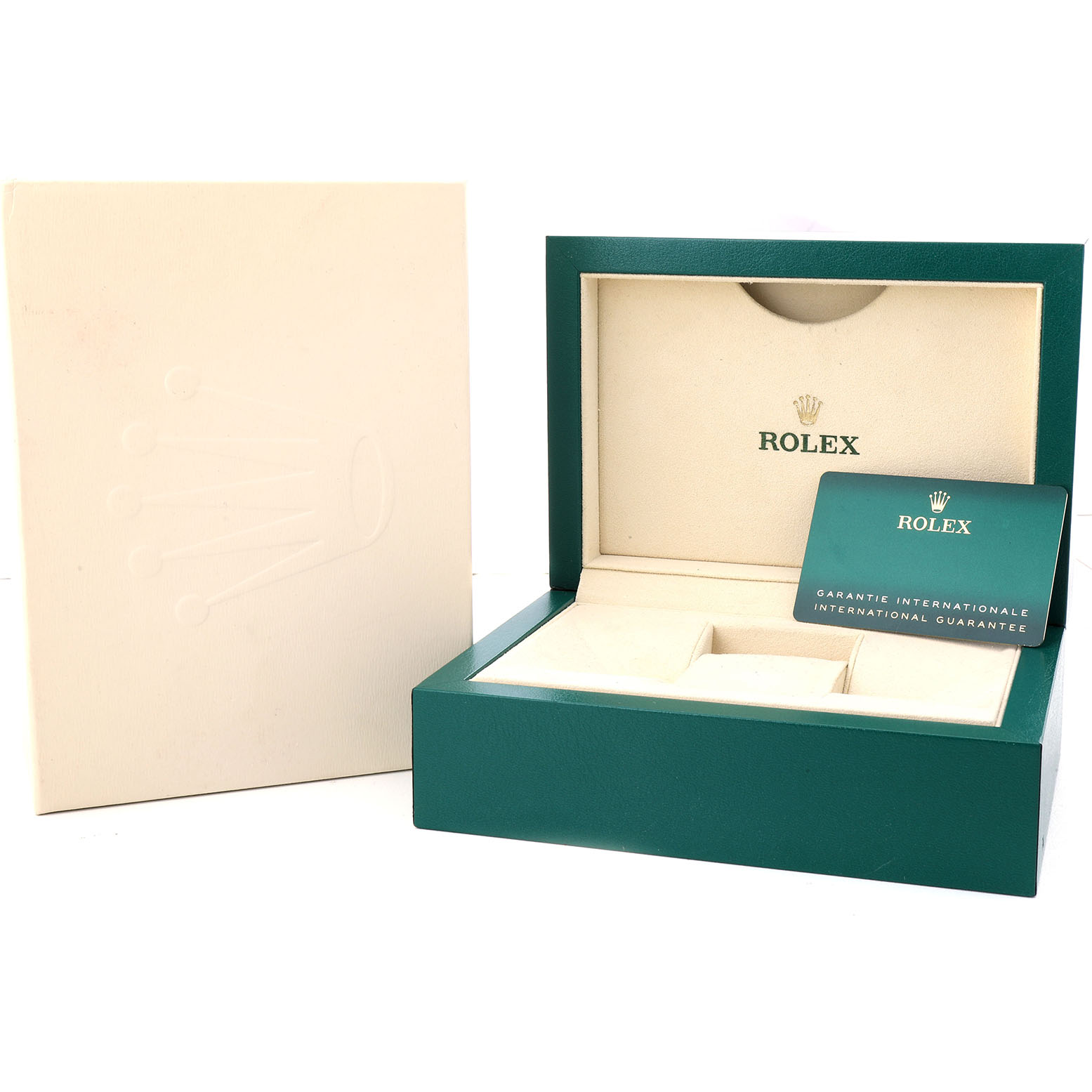 The image shows the open box and warranty card of a Rolex Datejust 126284RBR Men's Stainless Steel Beige Dial watch from a slightly elevated angle.