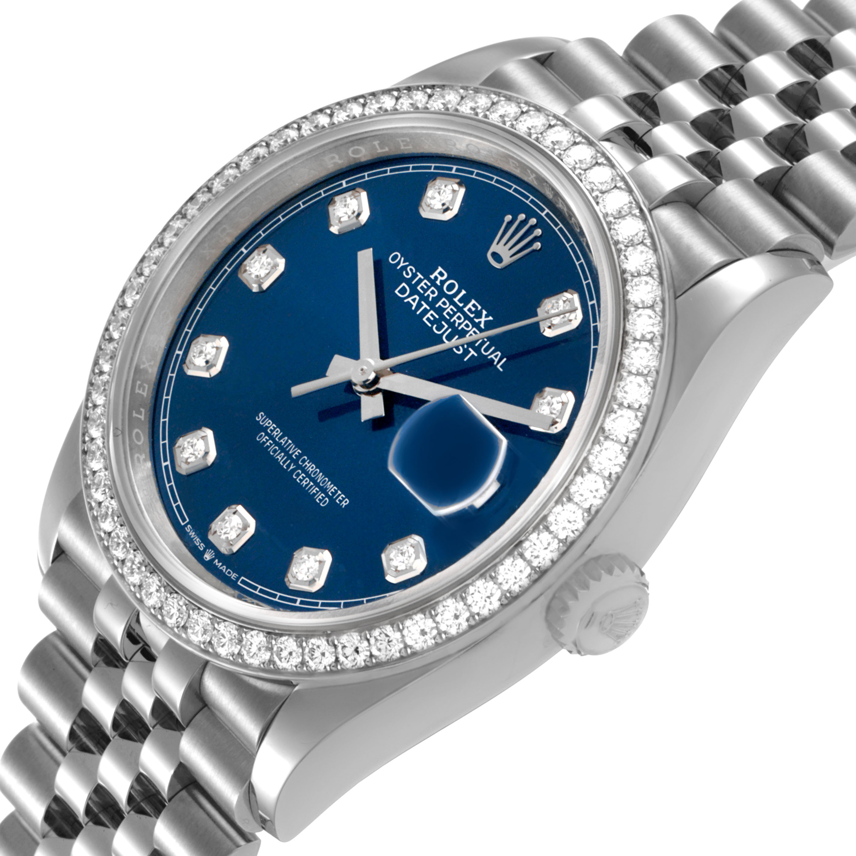 The Rolex Datejust 126284RBR Men's Stainless Steel Beige Dial watch is shown at an angle highlighting its blue dial, diamond bezel, and jubilee bracelet.