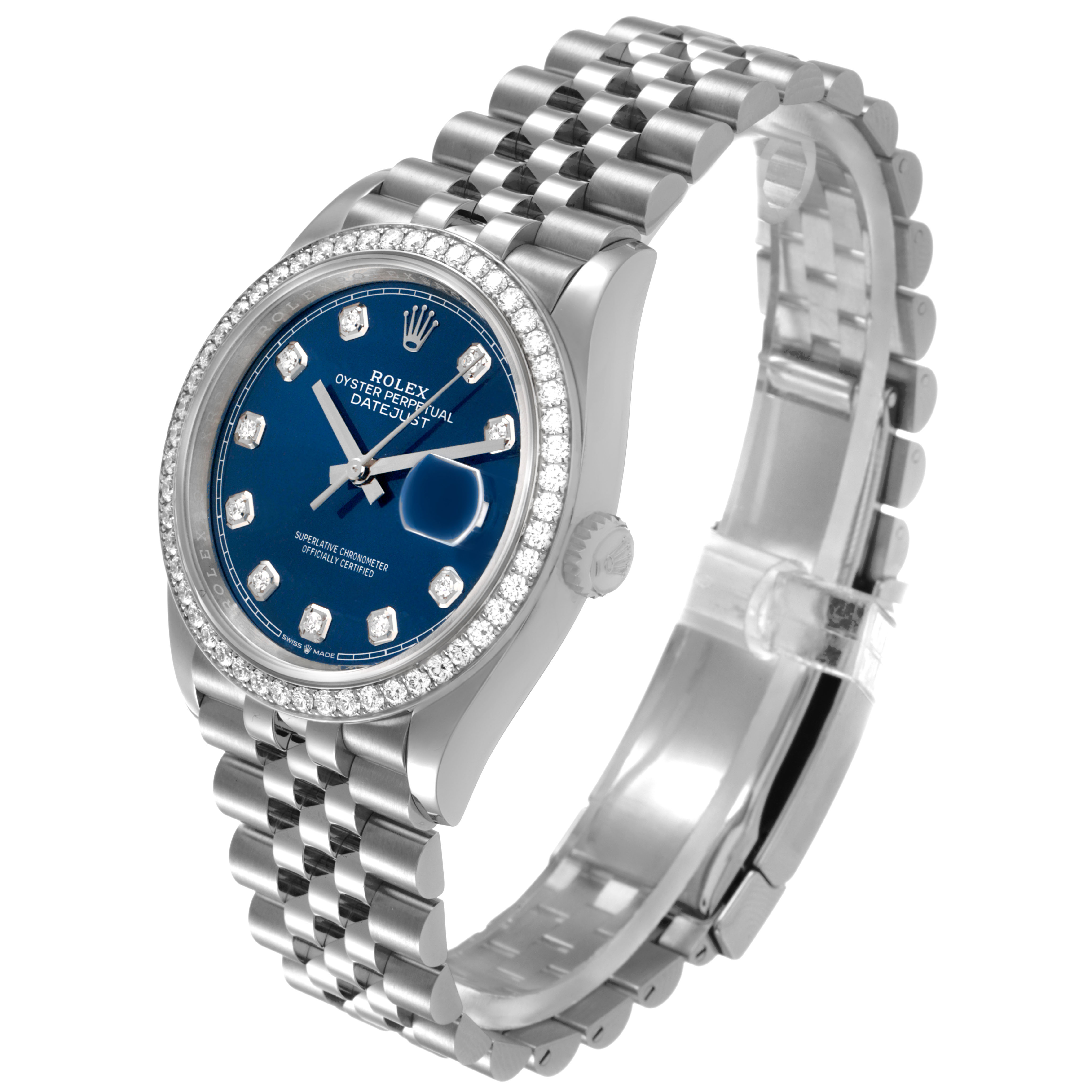 The Rolex Datejust 126284RBR Men's Stainless Steel Beige Dial watch is shown from an angled view, highlighting its bezel, dial, and Jubilee bracelet.