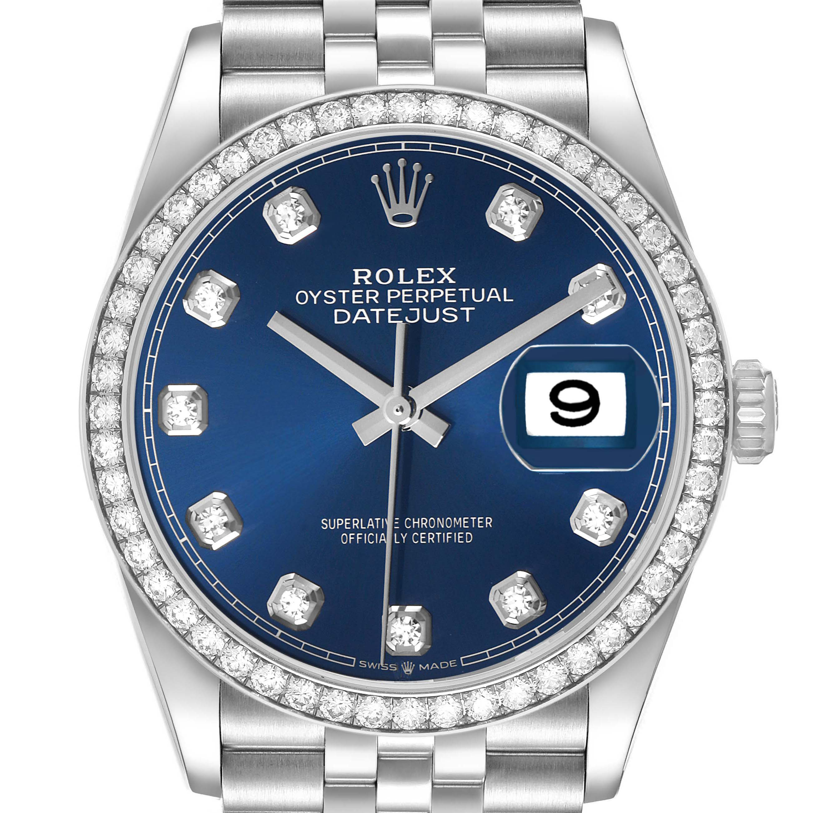 The Rolex Datejust 126284RBR Men's Stainless Steel Beige Dial watch is shown from the front, highlighting its blue dial, diamond markers, bezel, and date feature at 3 o'clock.