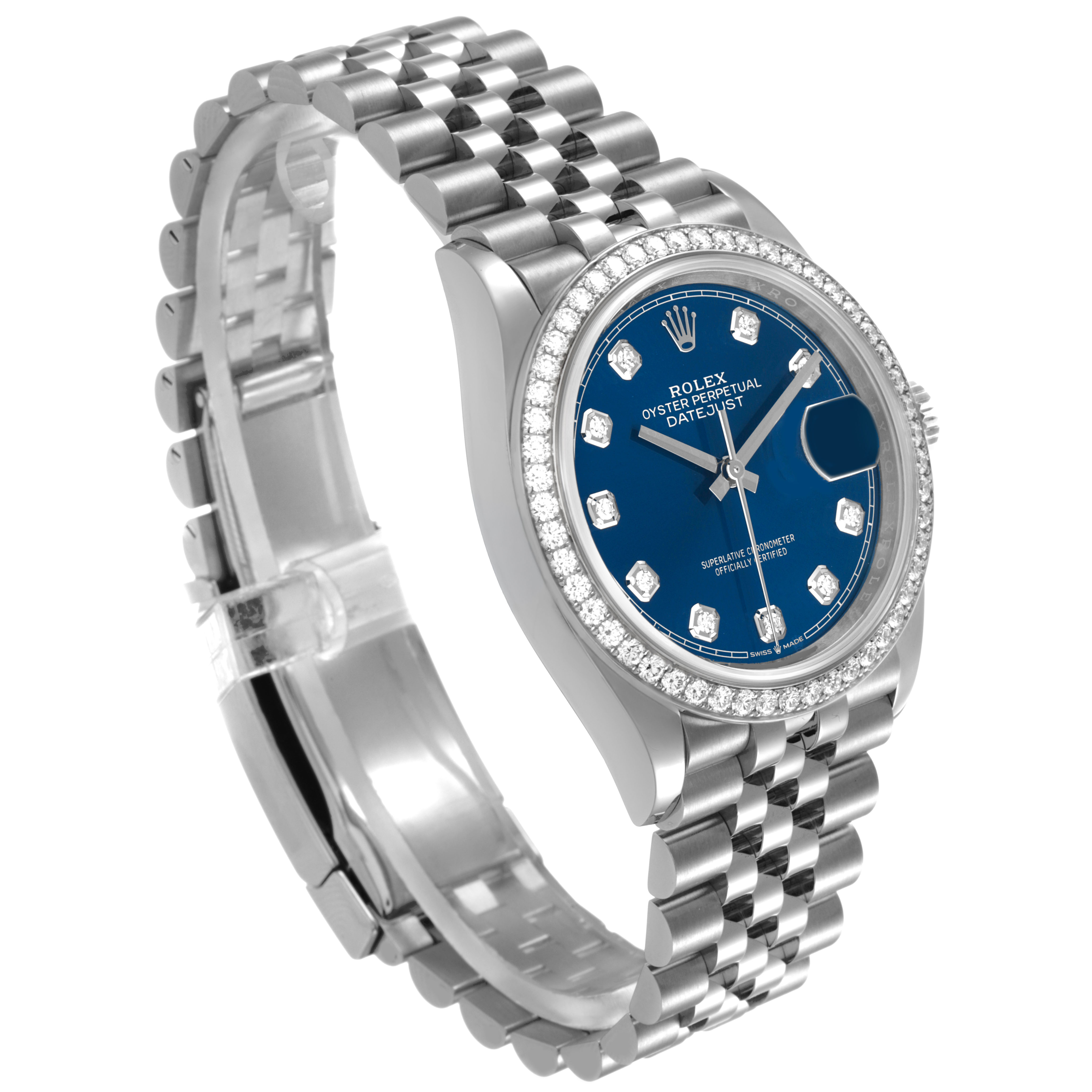 The Rolex Datejust 126284RBR Men's Stainless Steel Beige Dial watch is shown at a three-quarter angle, displaying the face, bezel, and bracelet.