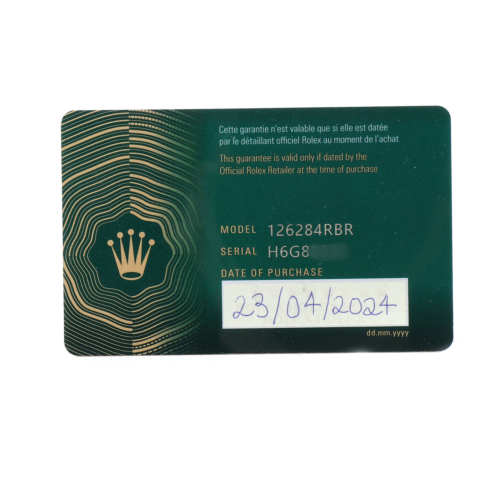 The image shows a warranty card for a Rolex Datejust 126284RBR Men's Stainless Steel Beige Dial model, displaying the model number, serial number, and purchase date.