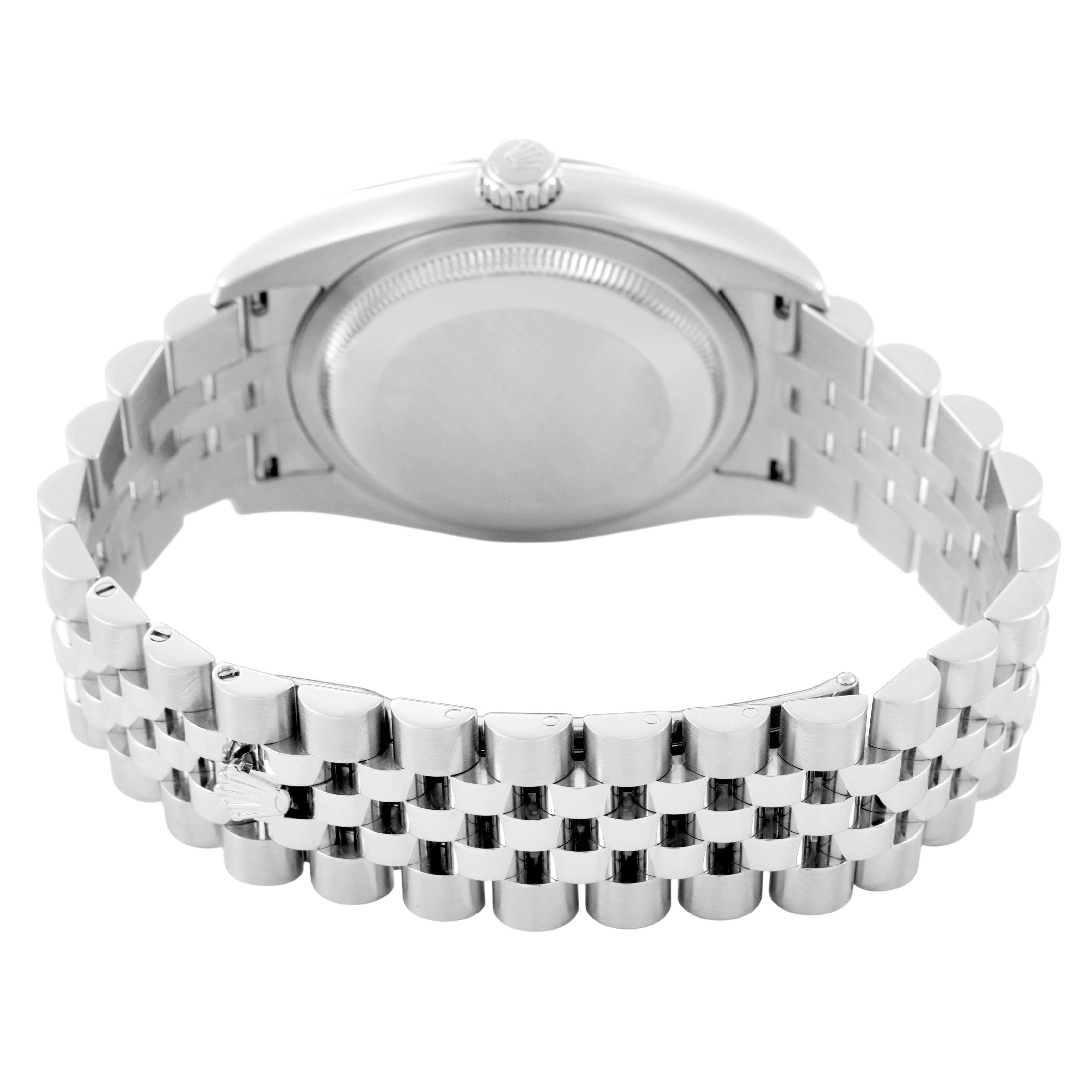 The image shows the back view of a Rolex Datejust 116234 Men's Stainless Steel Mother of Pearl Dial watch, highlighting the case back and Jubilee bracelet.