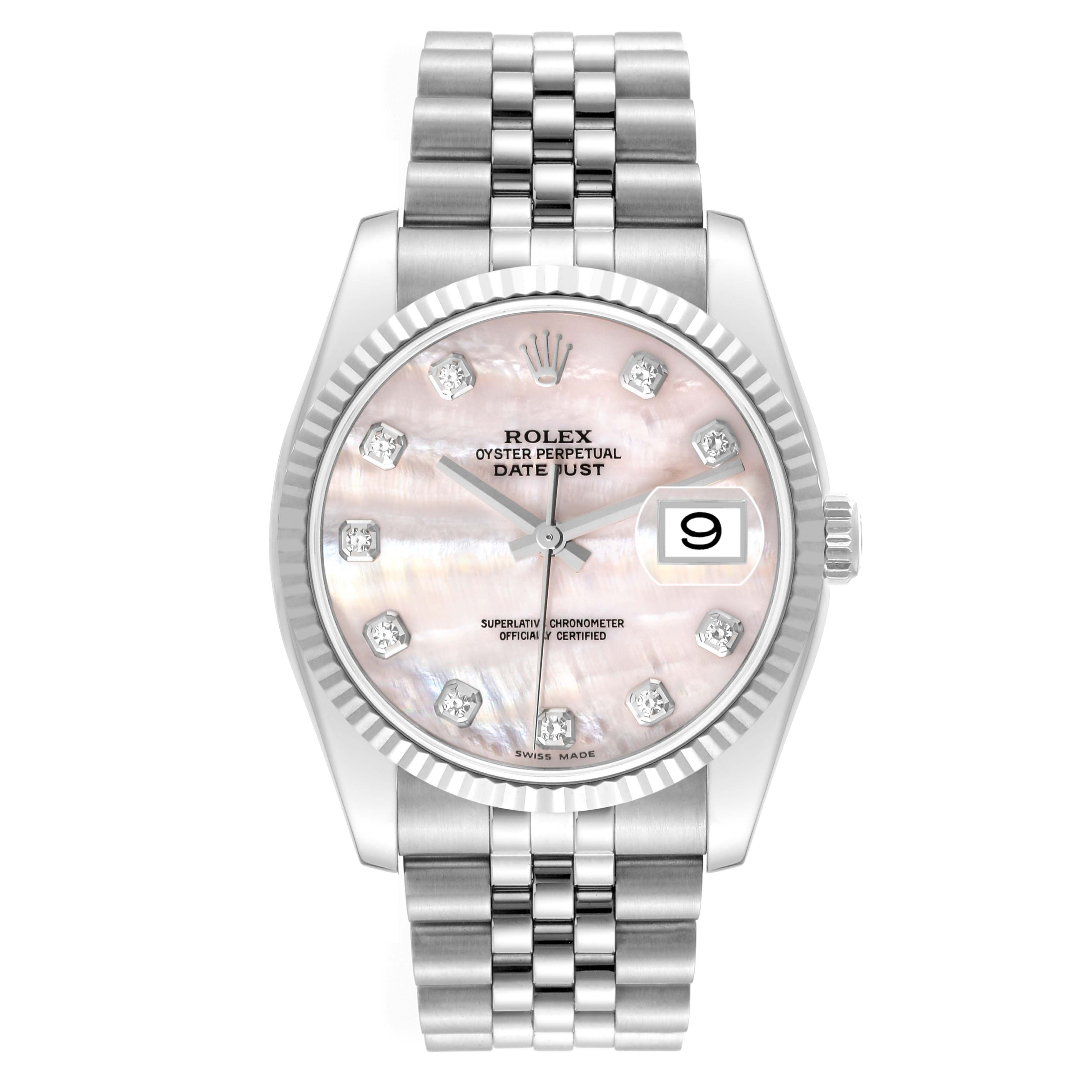 The Rolex Datejust 116234 Men's Stainless Steel Mother of Pearl Dial watch is shown from the front, displaying its face, bezel, and bracelet clearly.
