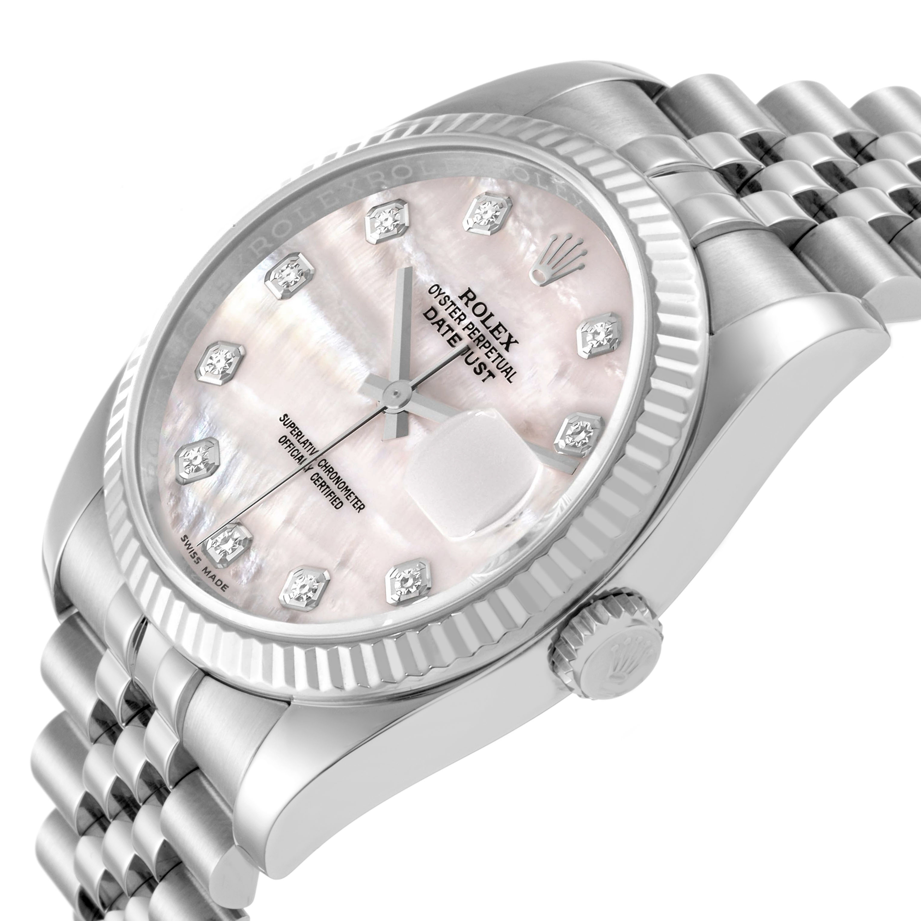 The Rolex Datejust 116234 Men's Stainless Steel Mother of Pearl Dial watch is shown at a slight side angle, highlighting its dial, bezel, and part of the bracelet.