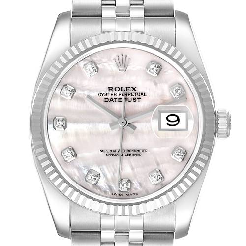 The image shows a Rolex Datejust 116234 Men's Stainless Steel Mother of Pearl Dial watch from a frontal angle, highlighting the dial, bezel, and part of the bracelet.