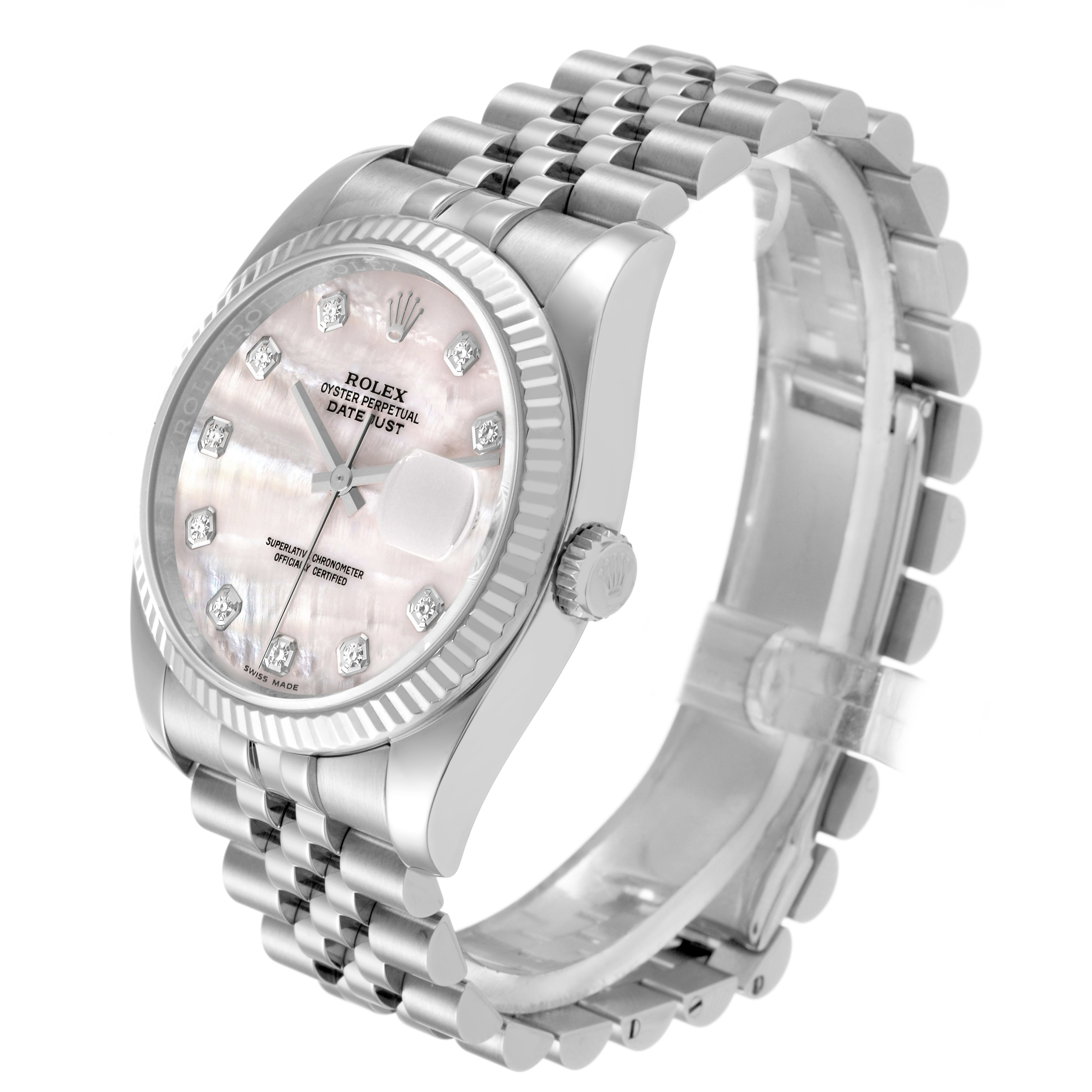 The Rolex Datejust 116234 Men's Stainless Steel Mother of Pearl Dial watch is shown at a three-quarter angle, highlighting the bracelet, dial, fluted bezel, and crown.