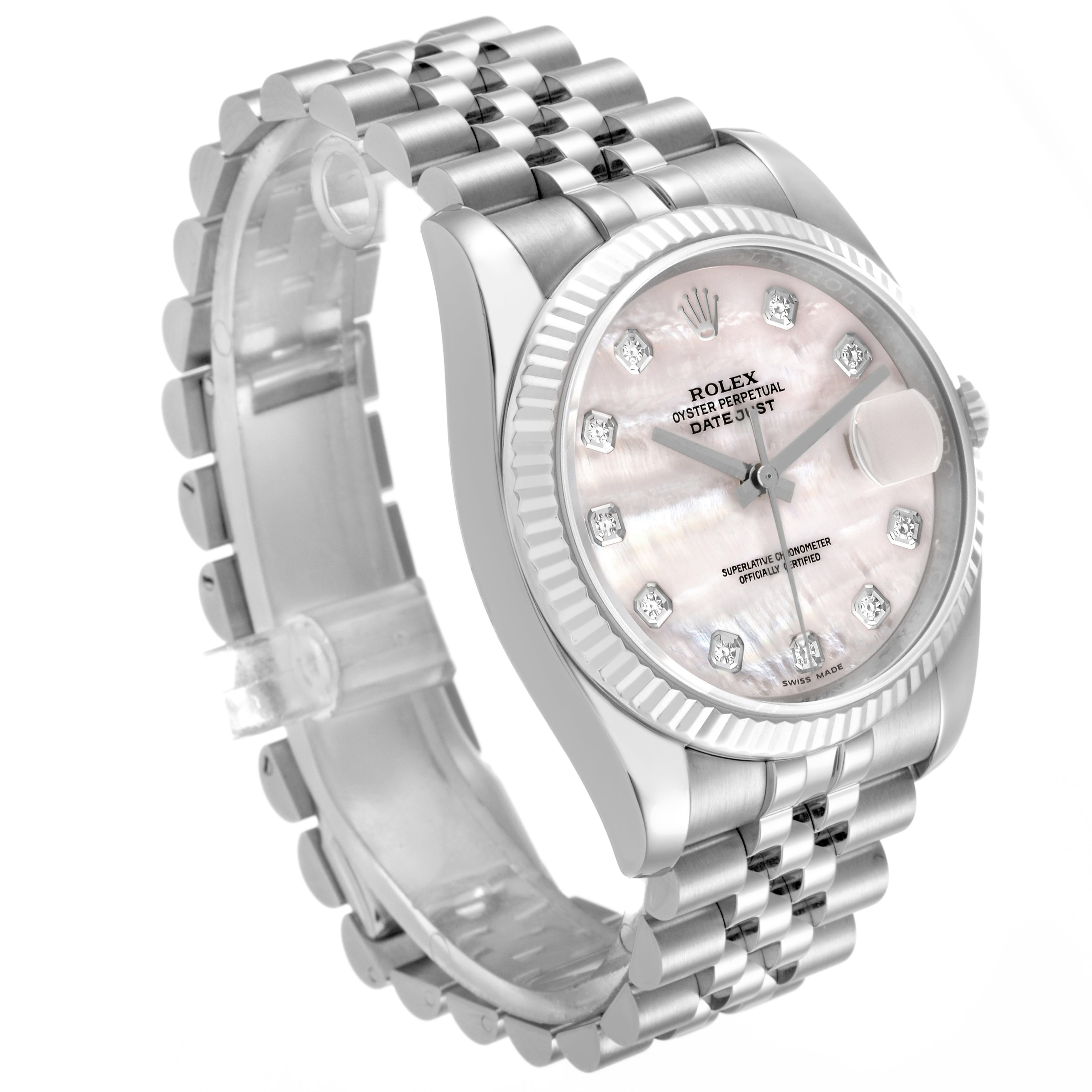 The image shows a Rolex Datejust 116234 Men's Stainless Steel Mother of Pearl Dial watch from a three-quarter angle, highlighting the dial, bezel, and bracelet.