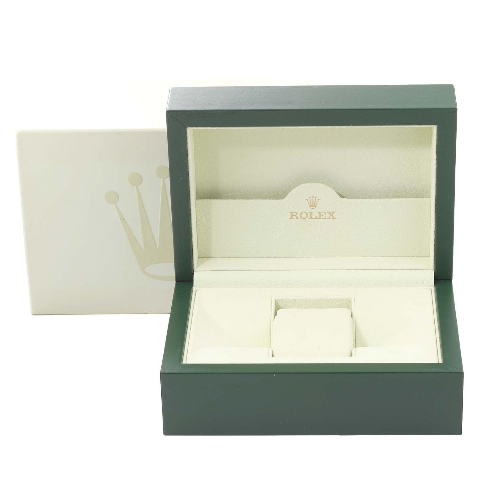 This image shows a Rolex Datejust 116234 Men's Stainless Steel Mother of Pearl Dial watch box, displayed open with its internal compartments and cushion.