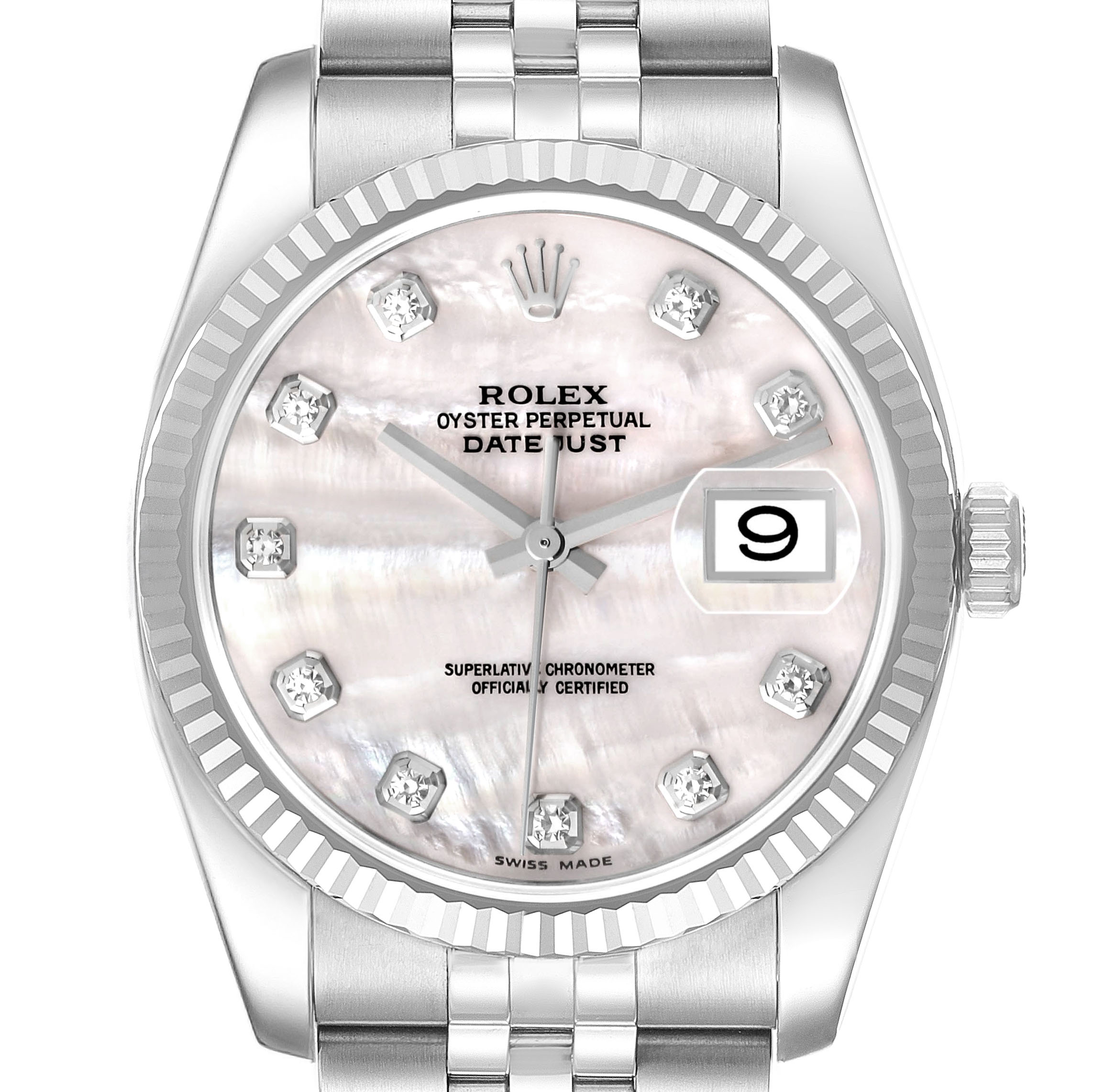 The Rolex Datejust 116234 Men's Stainless Steel Mother of Pearl Dial watch is shown from a front view, highlighting its dial, bezel, and bracelet.