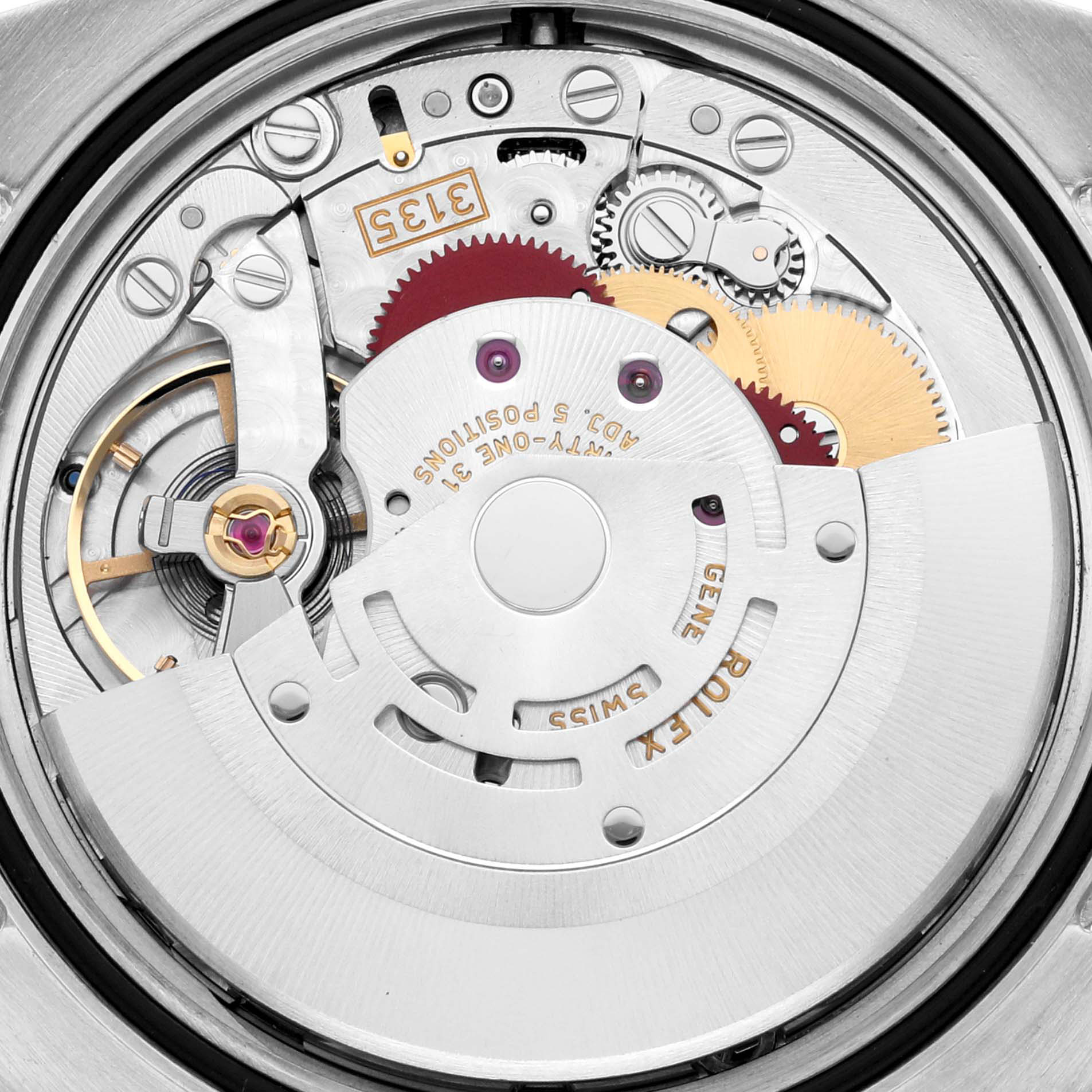The image shows a detailed view of the movement mechanism inside a Rolex Datejust 116234 Men's Stainless Steel Mother of Pearl Dial watch.