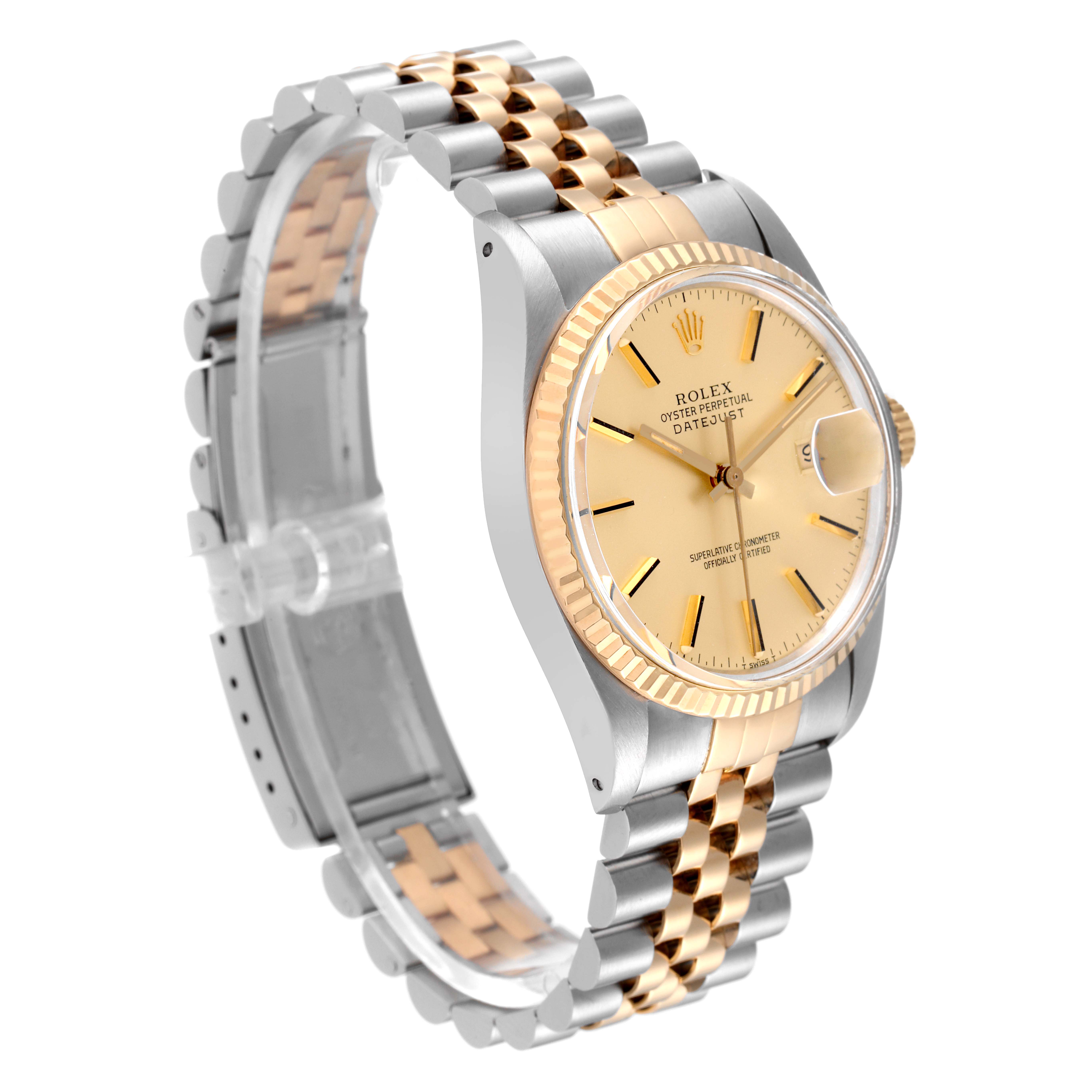 This Rolex Vintage Collection 16013 Men's Steel and Gold (two tone) Champagne Dial 16013 Men's Steel and Gold (two tone) Champagne Dial model is shown from an angled side view, highlighting the band and face.