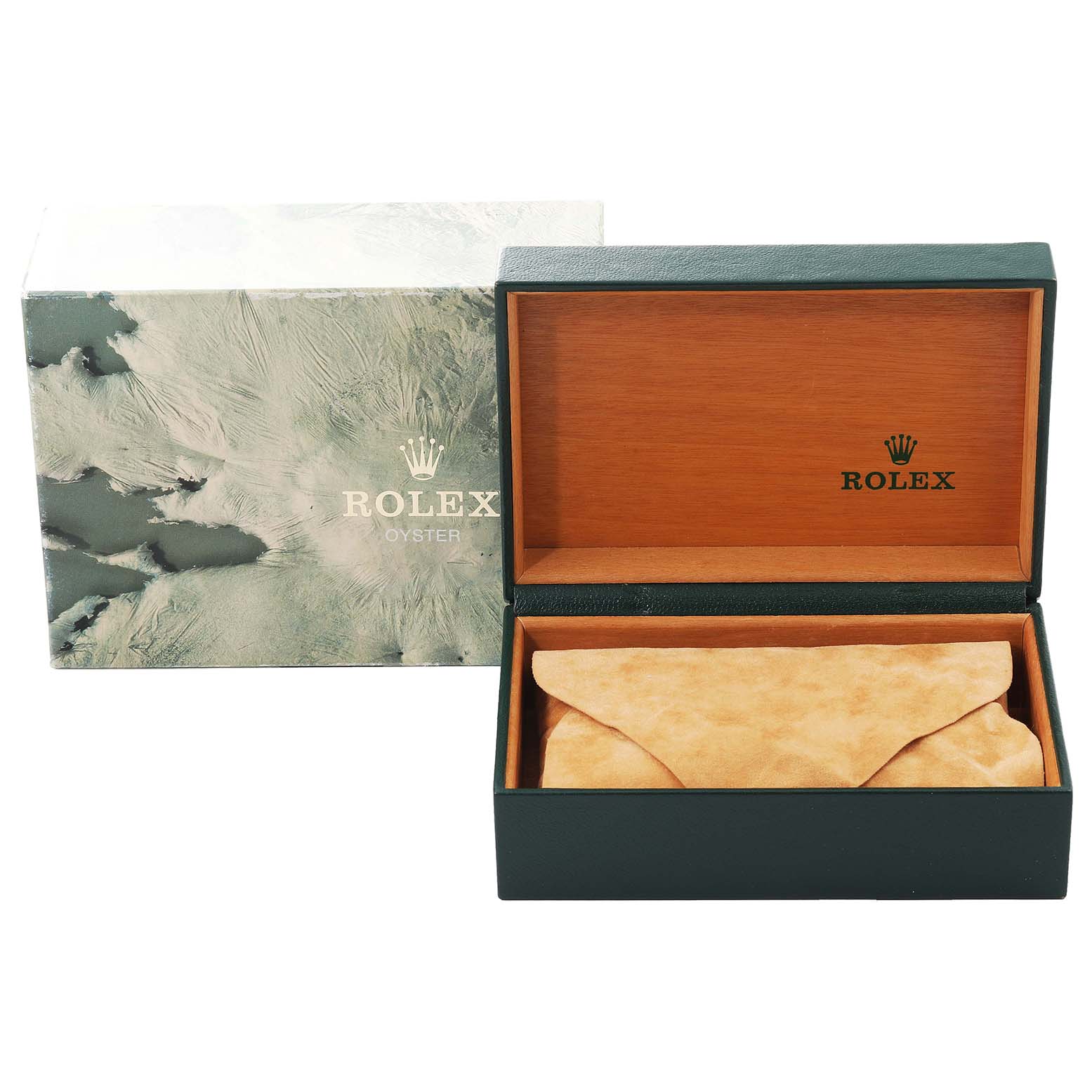 The image shows the packaging and box for the Vintage Collection model by Rolex, featuring the outer box and inner wooden case.