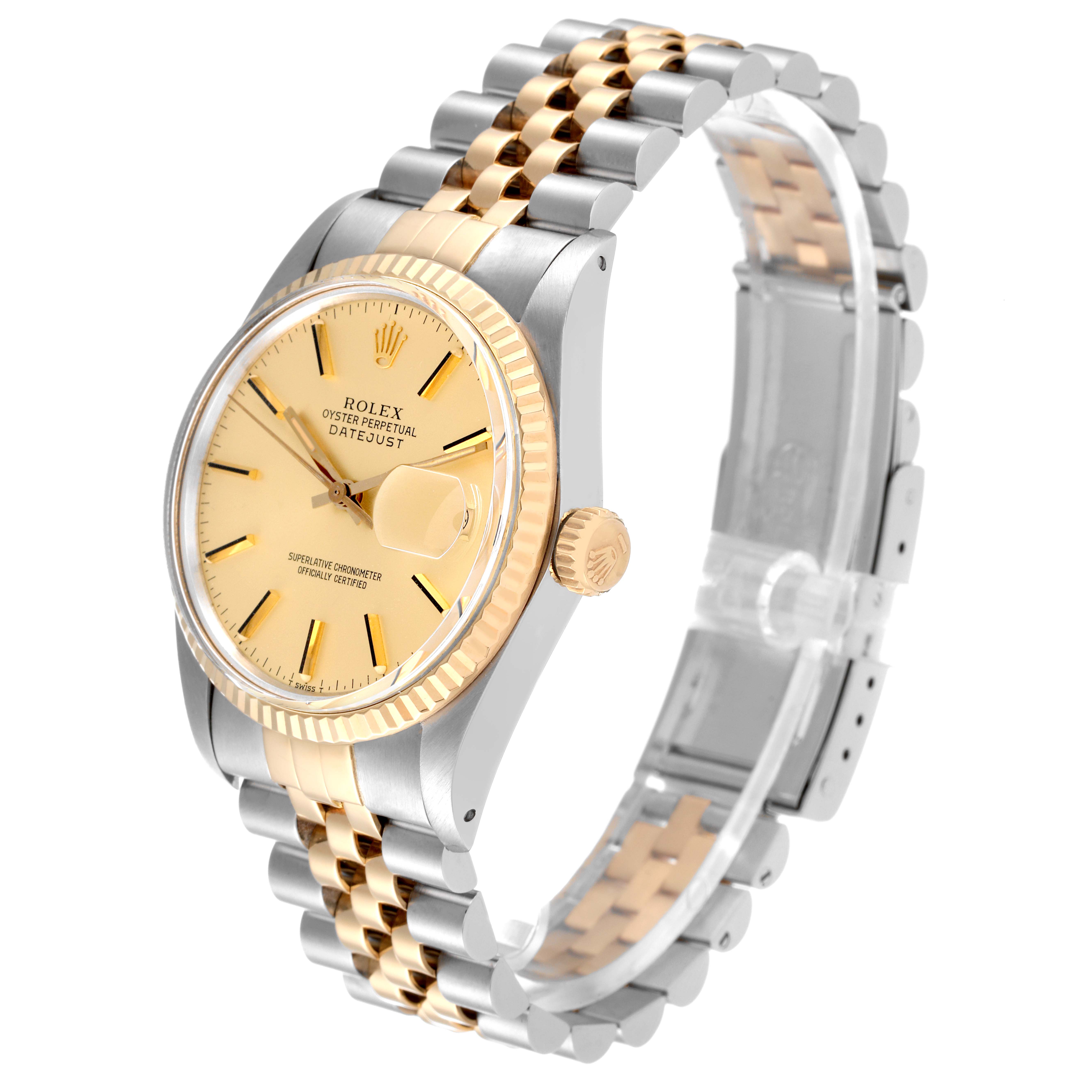 The Rolex Vintage Collection 16013 Men's Steel and Gold (two tone) Champagne Dial 16013 Men's Steel and Gold (two tone) Champagne Dial model is shown at a three-quarter angle, highlighting the face, bezel, and bracelet.