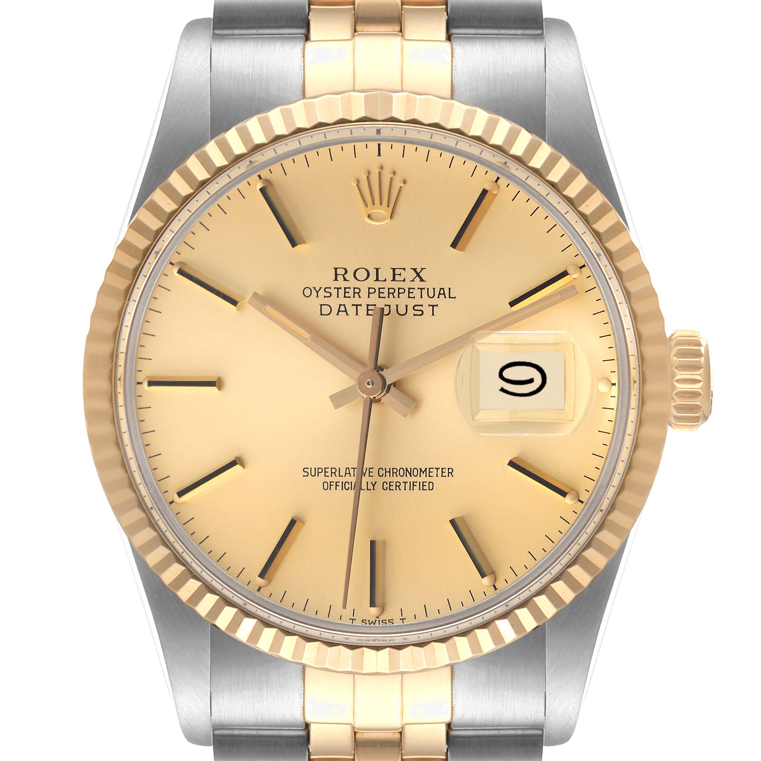 This is a front view of the Rolex Vintage Collection 16013 Men's Steel and Gold (two tone) Champagne Dial 16013 Men's Steel and Gold (two tone) Champagne Dial Datejust, showing the face, bezel, and partial bracelet.