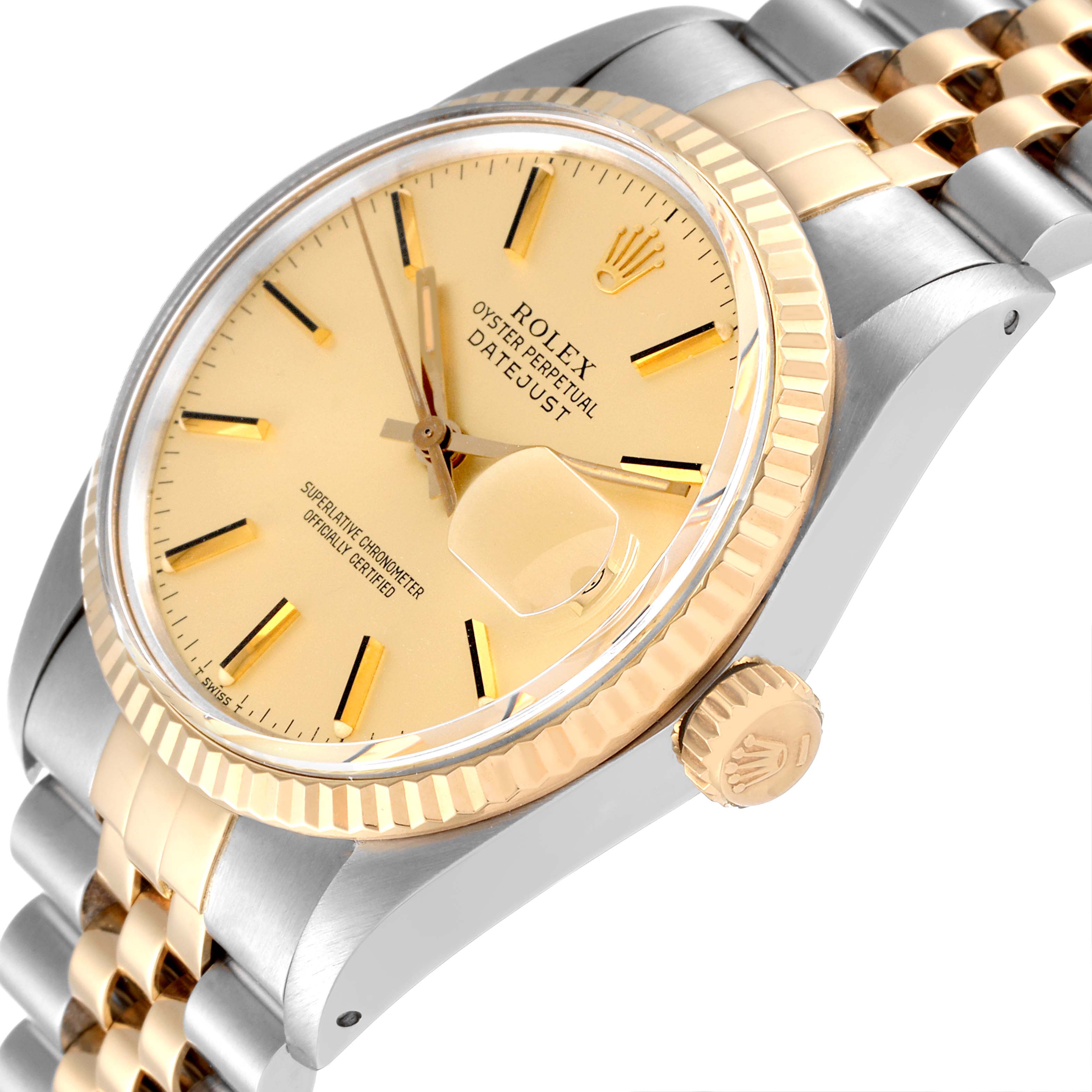 This image shows a close-up angle of the Rolex Vintage Collection 16013 Men's Steel and Gold (two tone) Champagne Dial 16013 Men's Steel and Gold (two tone) Champagne Dial Datejust, focusing on the dial, crown, and part of the bracelet.