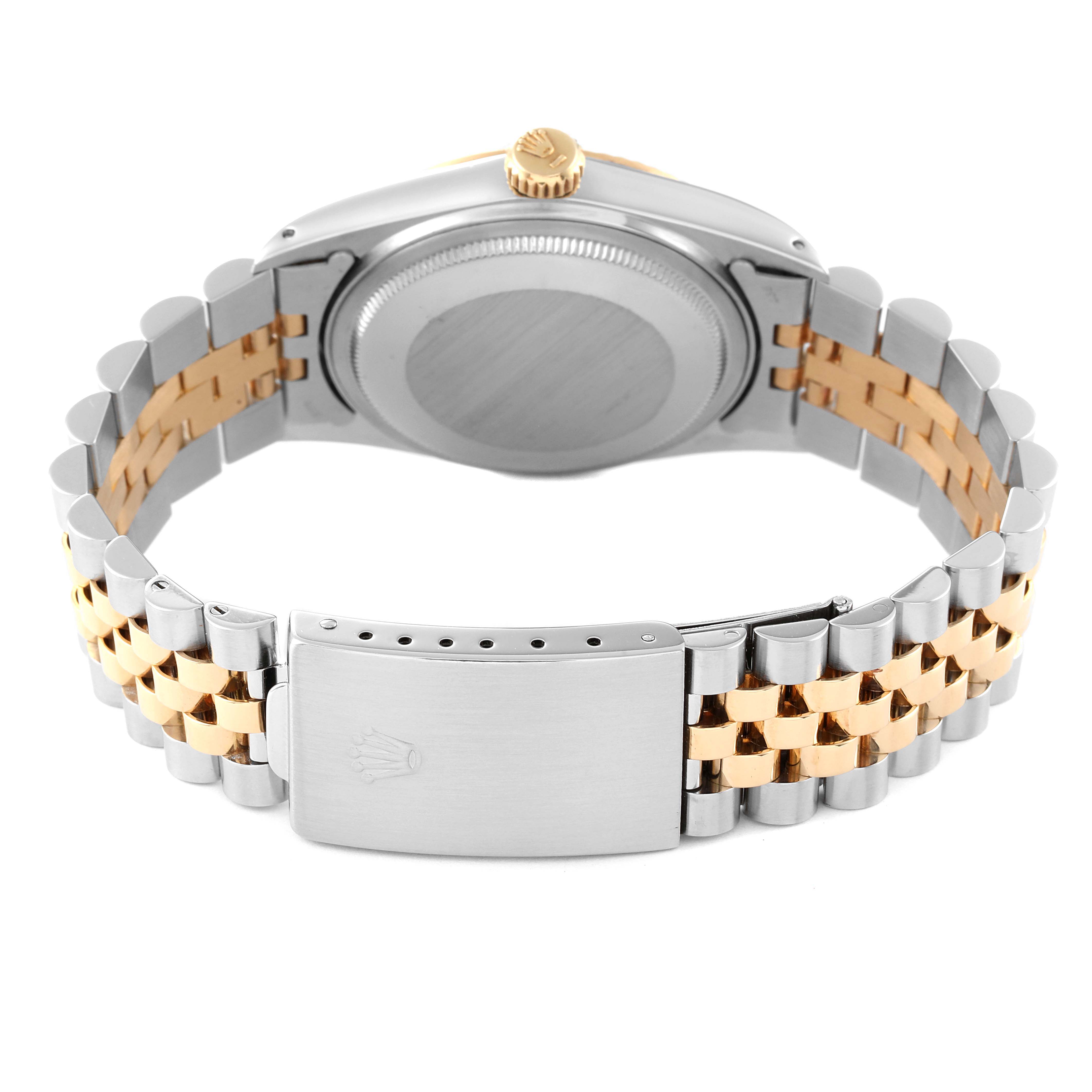 The image shows the back of a Rolex Vintage Collection 16013 Men's Steel and Gold (two tone) Champagne Dial 16013 Men's Steel and Gold (two tone) Champagne Dial watch, displaying the case back, crown, and two-tone bracelet with clasp.