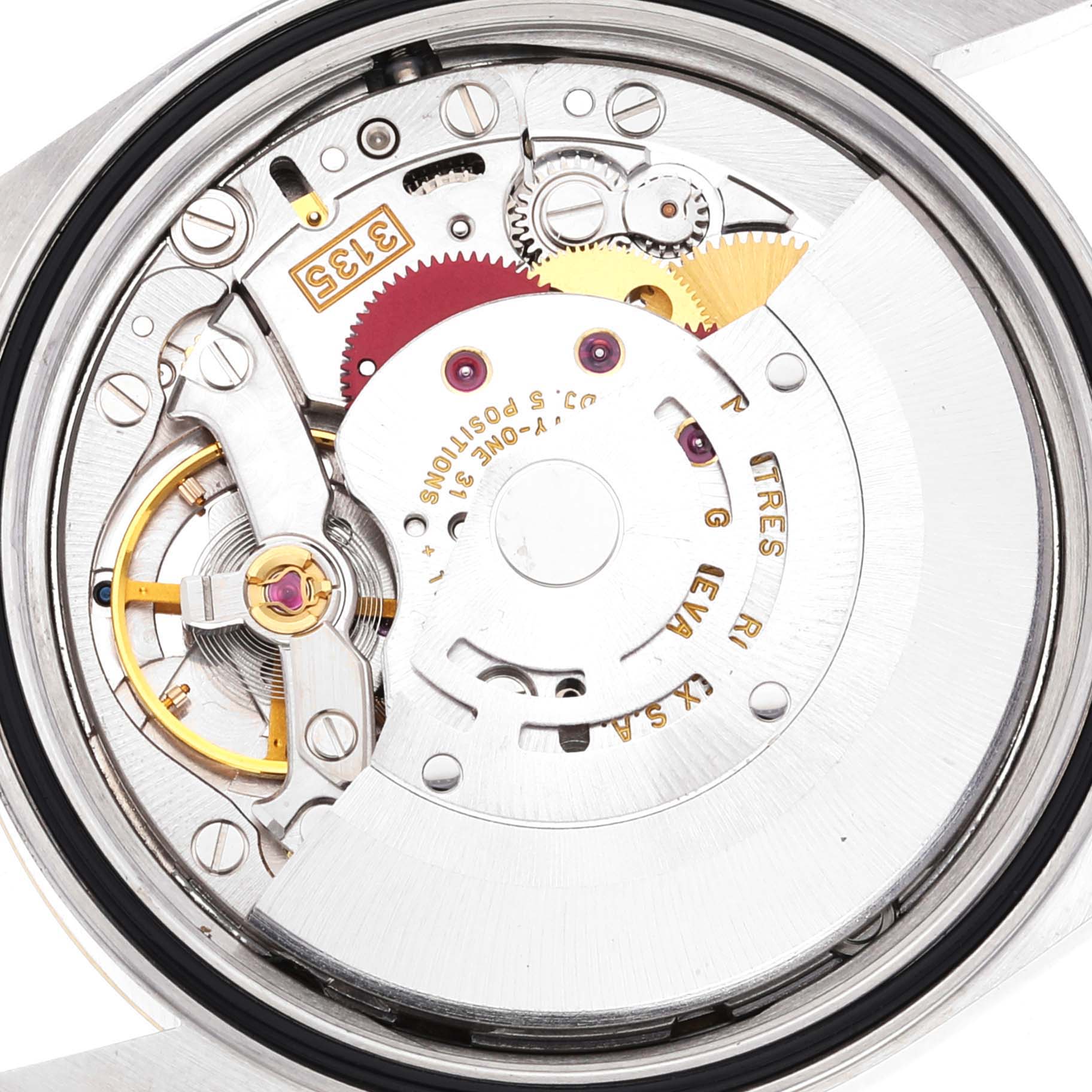 The image shows the inner mechanism of the Rolex Datejust 16233 Men's Steel and Gold (two tone) Champagne Dial 16233 Men's Steel and Gold (two tone) Champagne Dial, highlighting the movement components.