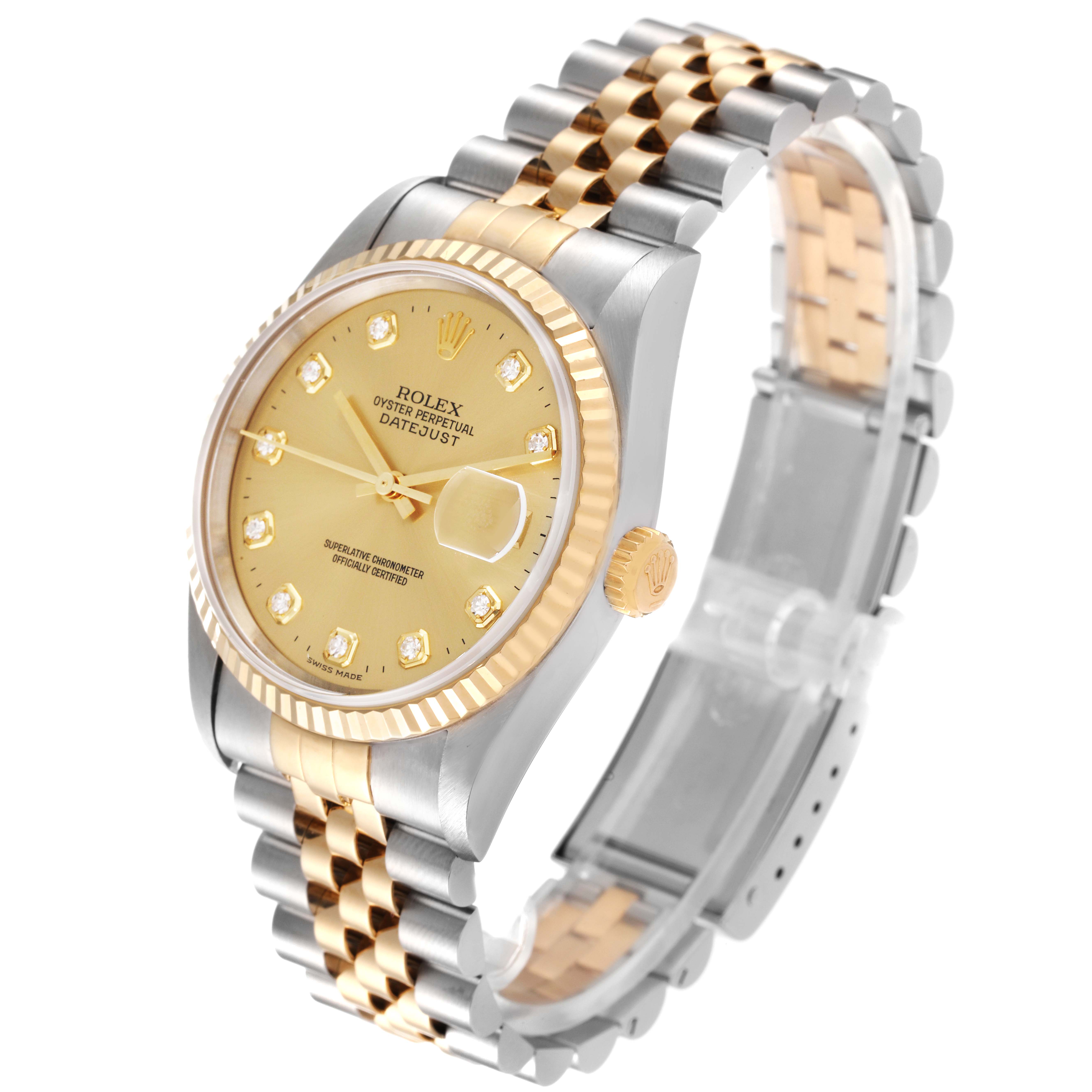 This Rolex Datejust 16233 Men's Steel and Gold (two tone) Champagne Dial 16233 Men's Steel and Gold (two tone) Champagne Dial watch is shown at a three-quarter angle, displaying its face, fluted bezel, and two-tone Jubilee bracelet.