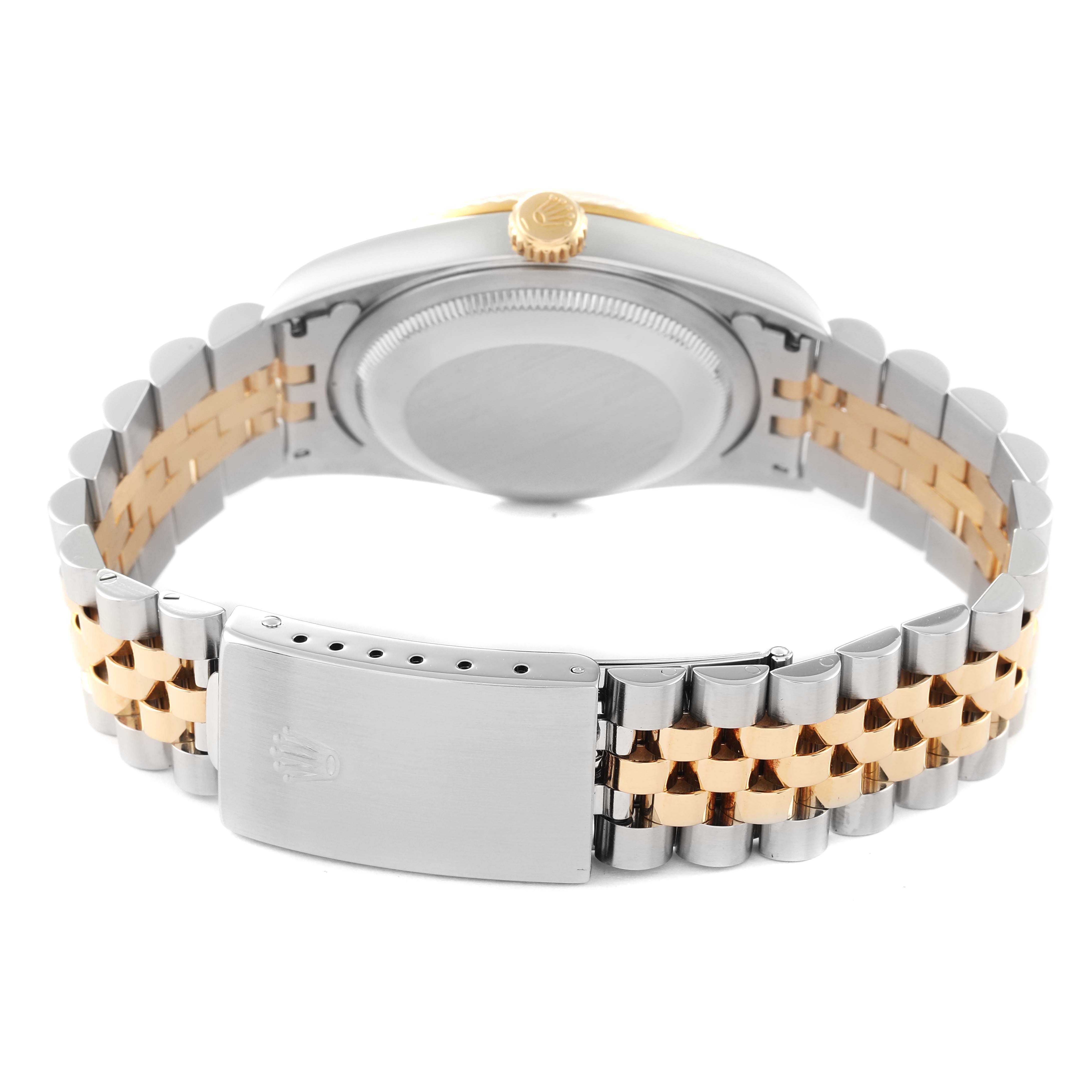 The image shows the back and bracelet clasp of a Rolex Datejust 16233 Men's Steel and Gold (two tone) Champagne Dial 16233 Men's Steel and Gold (two tone) Champagne Dial watch, featuring a two-tone metal design.