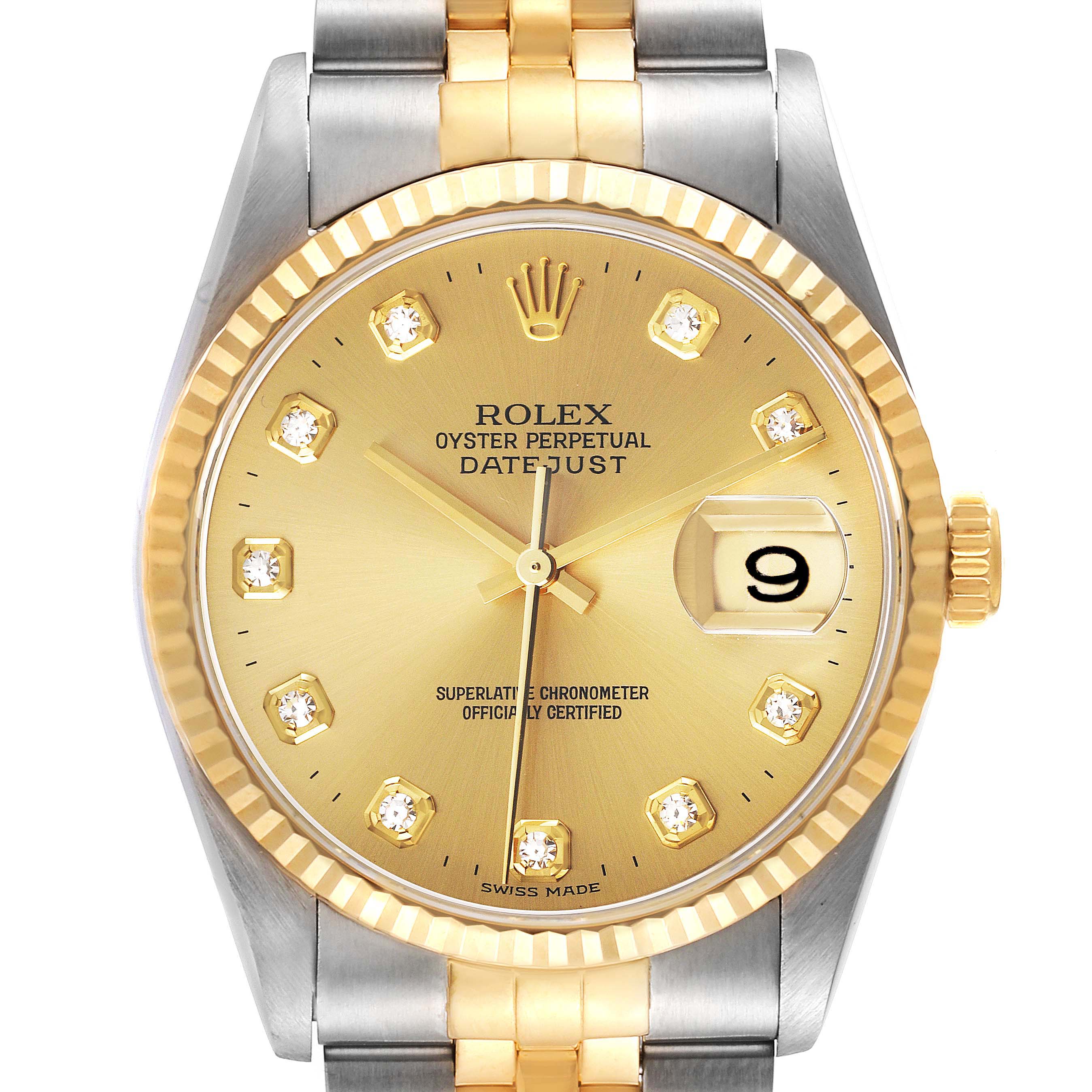 This image shows a frontal view of a Rolex Datejust 16233 Men's Steel and Gold (two tone) Champagne Dial 16233 Men's Steel and Gold (two tone) Champagne Dial watch, highlighting its dial, bezel, and part of the bracelet.