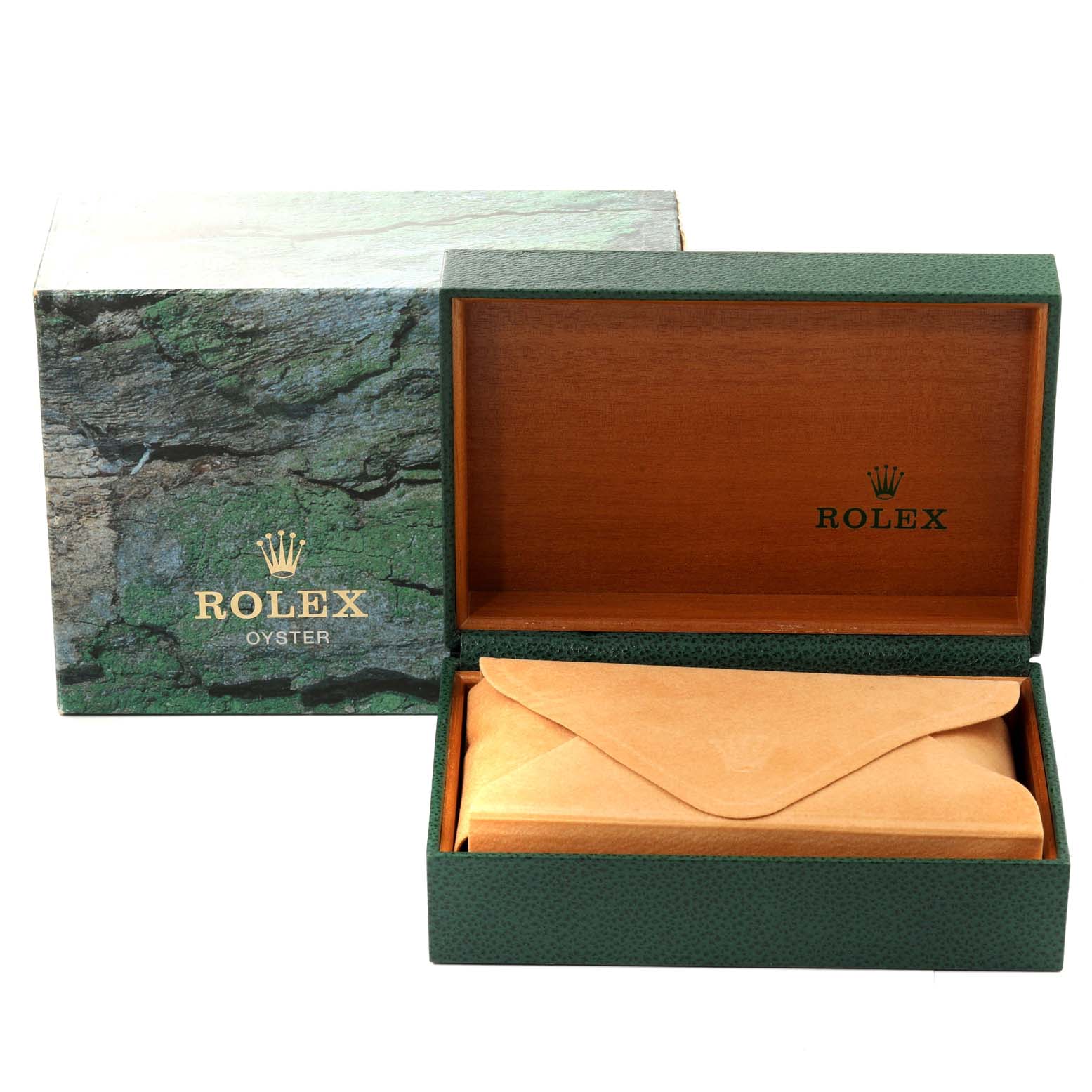 This image shows the original Rolex Datejust 16233 Men's Steel and Gold (two tone) Champagne Dial 16233 Men's Steel and Gold (two tone) Champagne Dial watch box and an inner suede envelope.