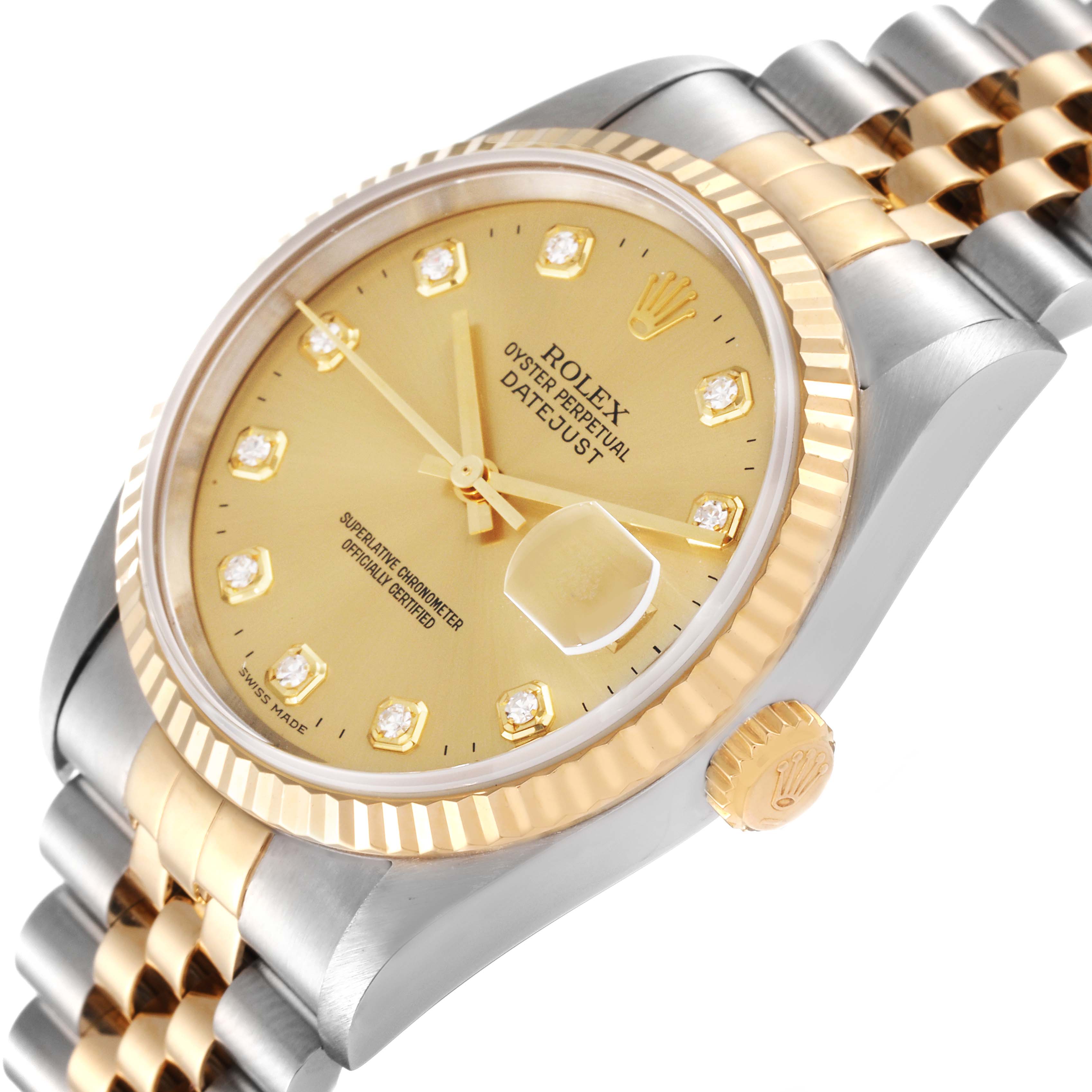The image shows a close-up, angled view of a Rolex Datejust 16233 Men's Steel and Gold (two tone) Champagne Dial 16233 Men's Steel and Gold (two tone) Champagne Dial, highlighting its gold dial, bezel, crown, and part of the bracelet.