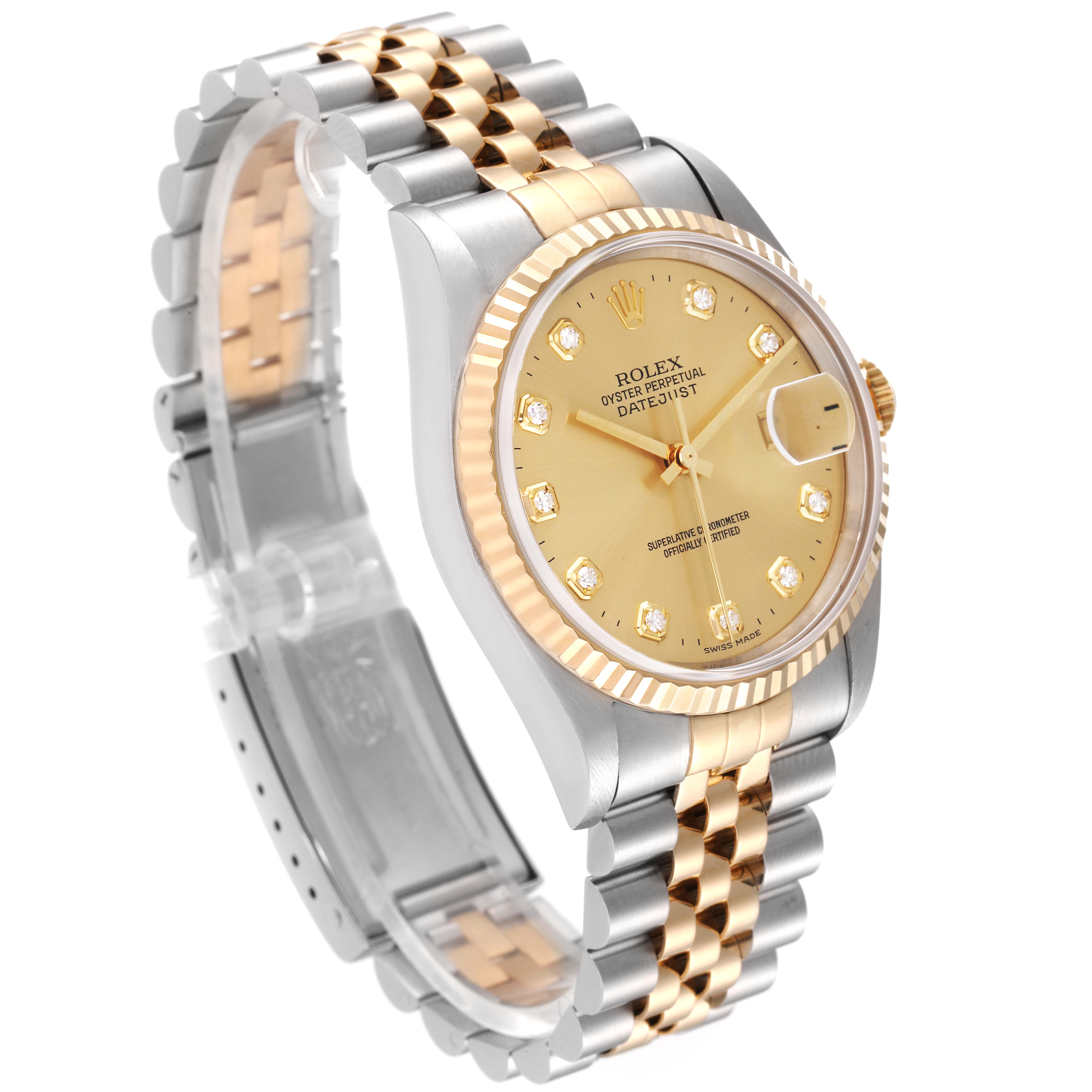 The Rolex Datejust 16233 Men's Steel and Gold (two tone) Champagne Dial 16233 Men's Steel and Gold (two tone) Champagne Dial watch is shown at a 45-degree angle, displaying its gold and silver bracelet, gold dial, and date window.