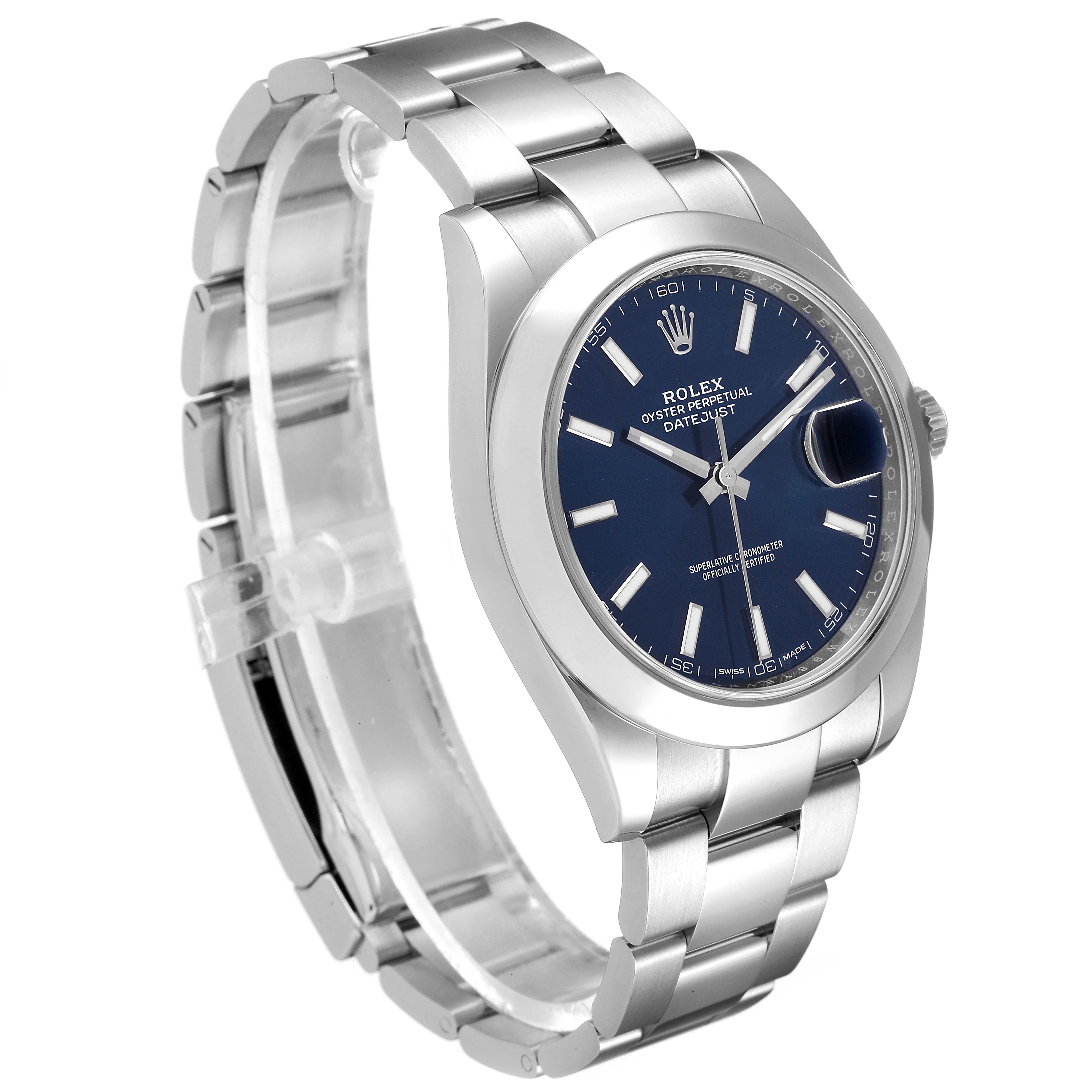 The image shows a Rolex Datejust 41 126300 Men's Stainless Steel Blue Dial 126300 Men's Stainless Steel Blue Dial watch at a three-quarter angle, highlighting the bracelet, case, and blue dial.