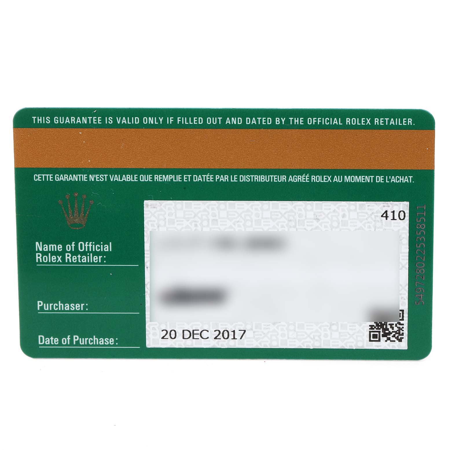 This image shows the warranty card for a Rolex Datejust 41 126300 Men's Stainless Steel Blue Dial 126300 Men's Stainless Steel Blue Dial watch.