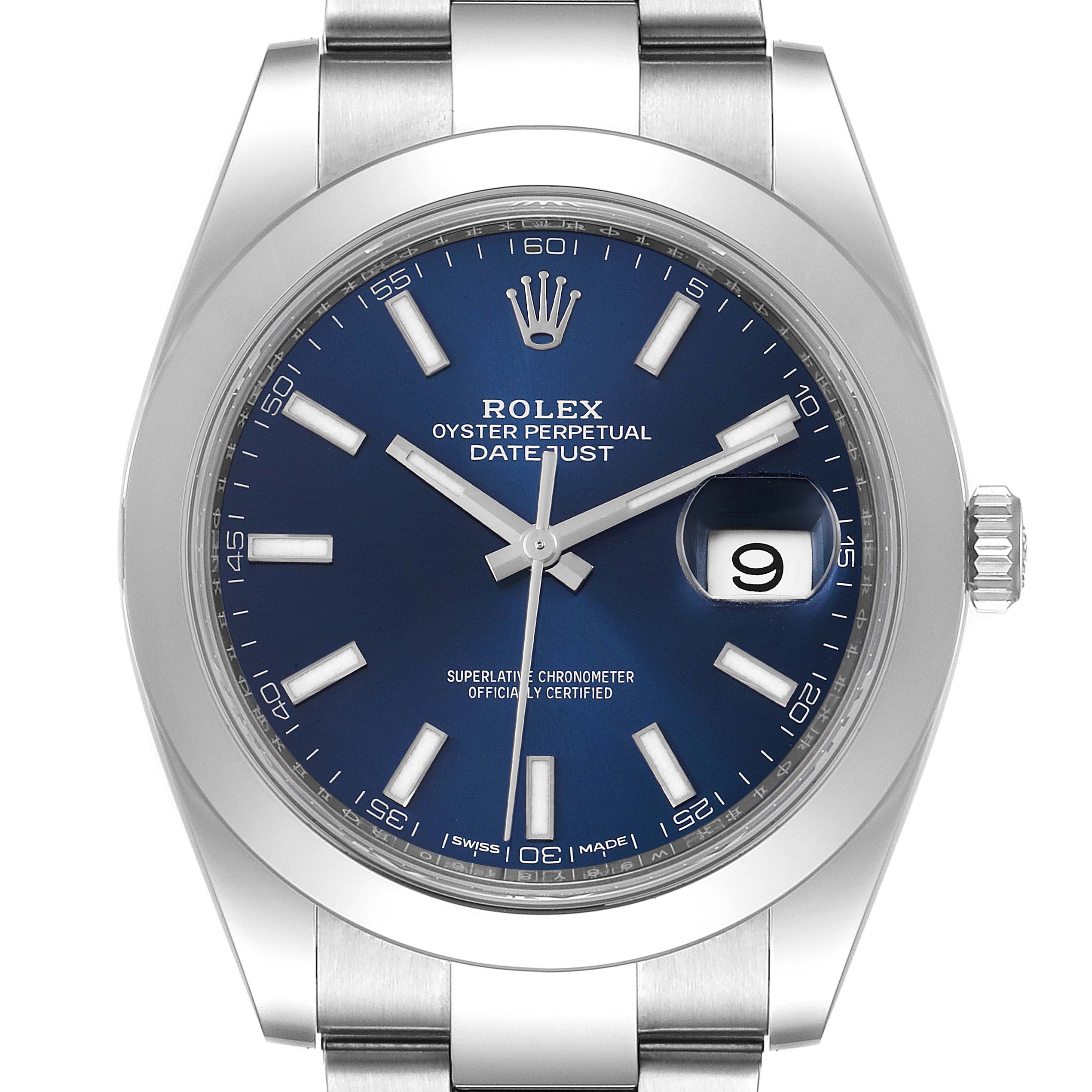 The image shows a front view of the Rolex Datejust 41 126300 Men's Stainless Steel Blue Dial 126300 Men's Stainless Steel Blue Dial model, featuring its face, bezel, crown, and part of the bracelet.