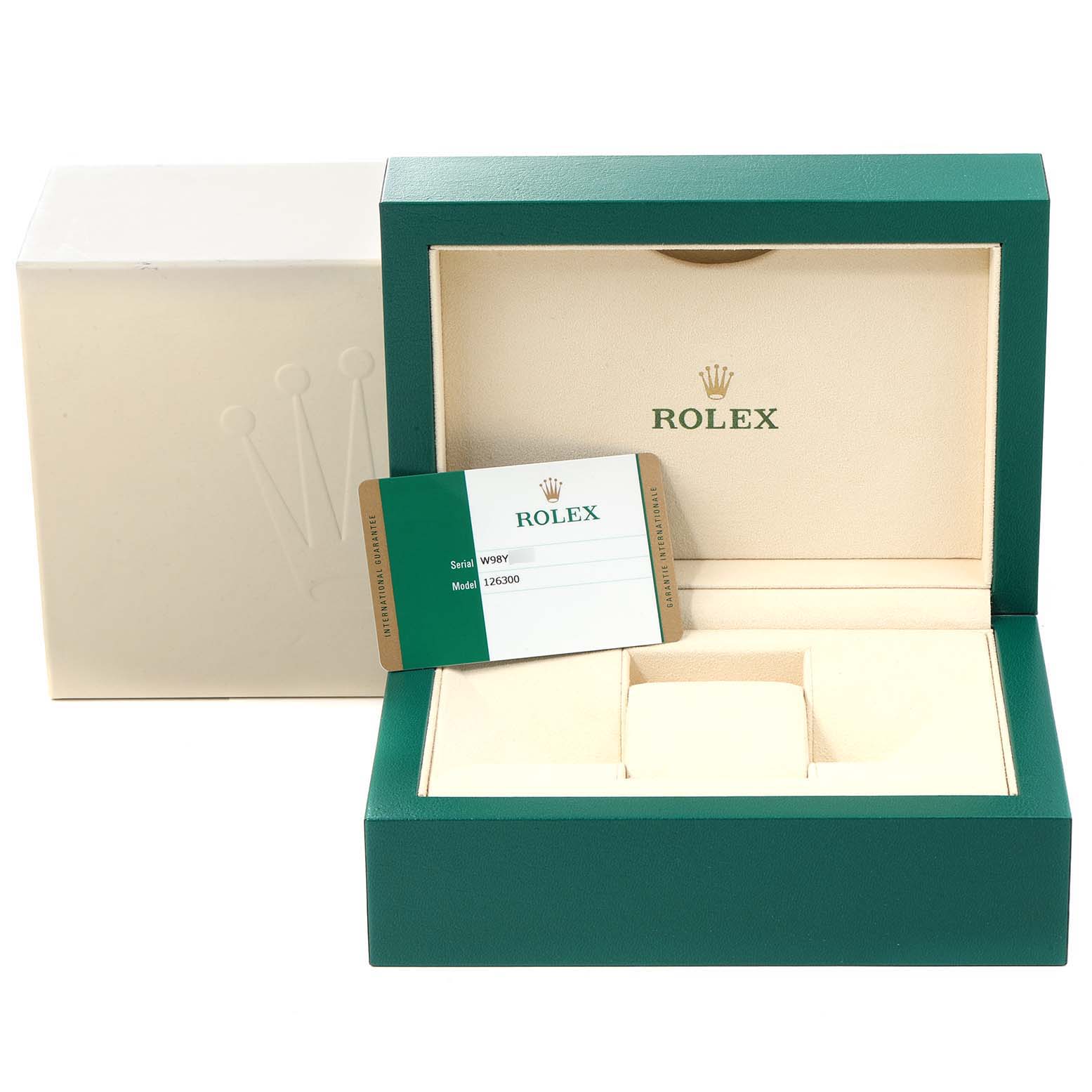 This image shows the packaging and warranty card for a Rolex Datejust 41 126300 Men's Stainless Steel Blue Dial 126300 Men's Stainless Steel Blue Dial model.