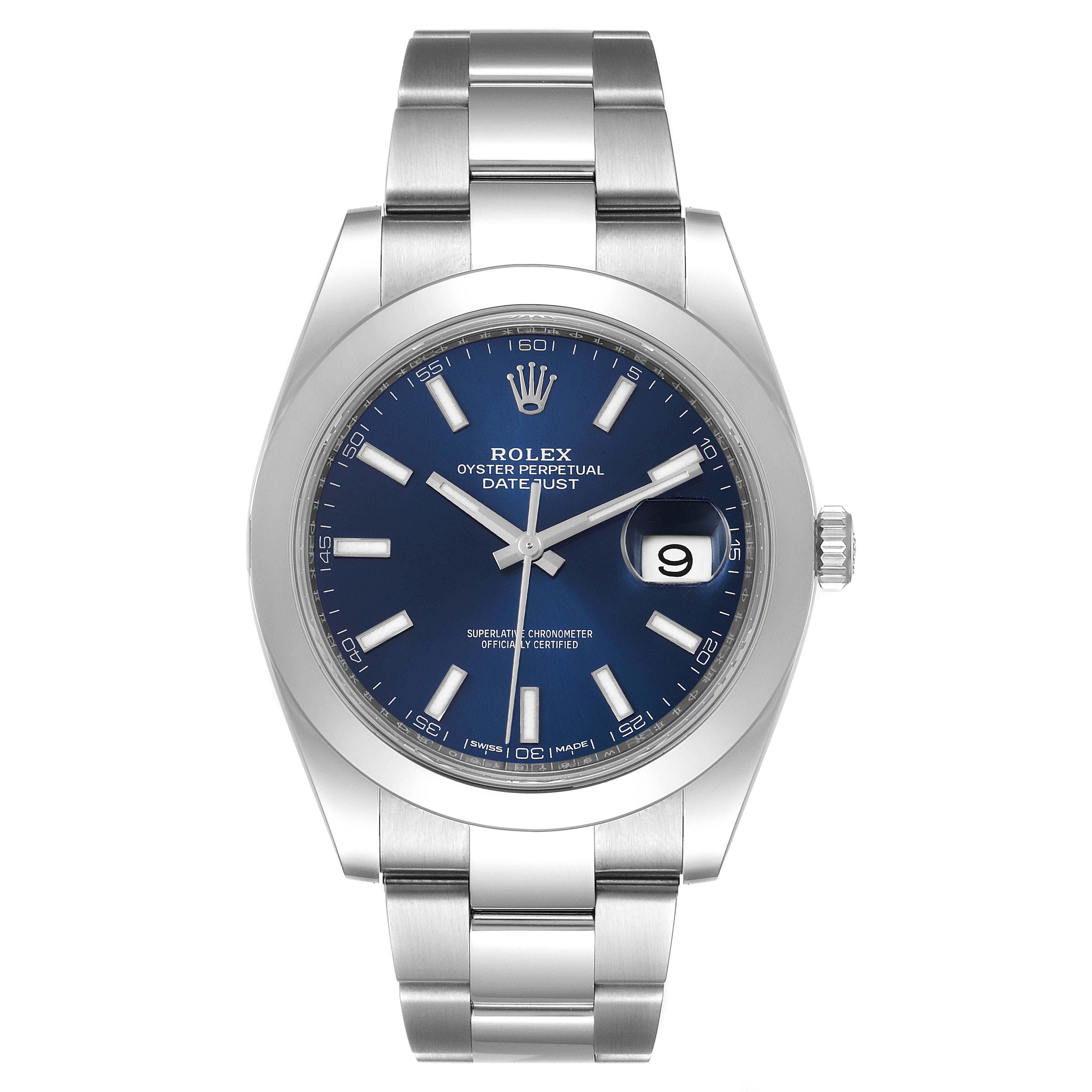This image shows a front view of the Rolex Datejust 41 126300 Men's Stainless Steel Blue Dial 126300 Men's Stainless Steel Blue Dial watch, featuring a blue dial and stainless steel bracelet.