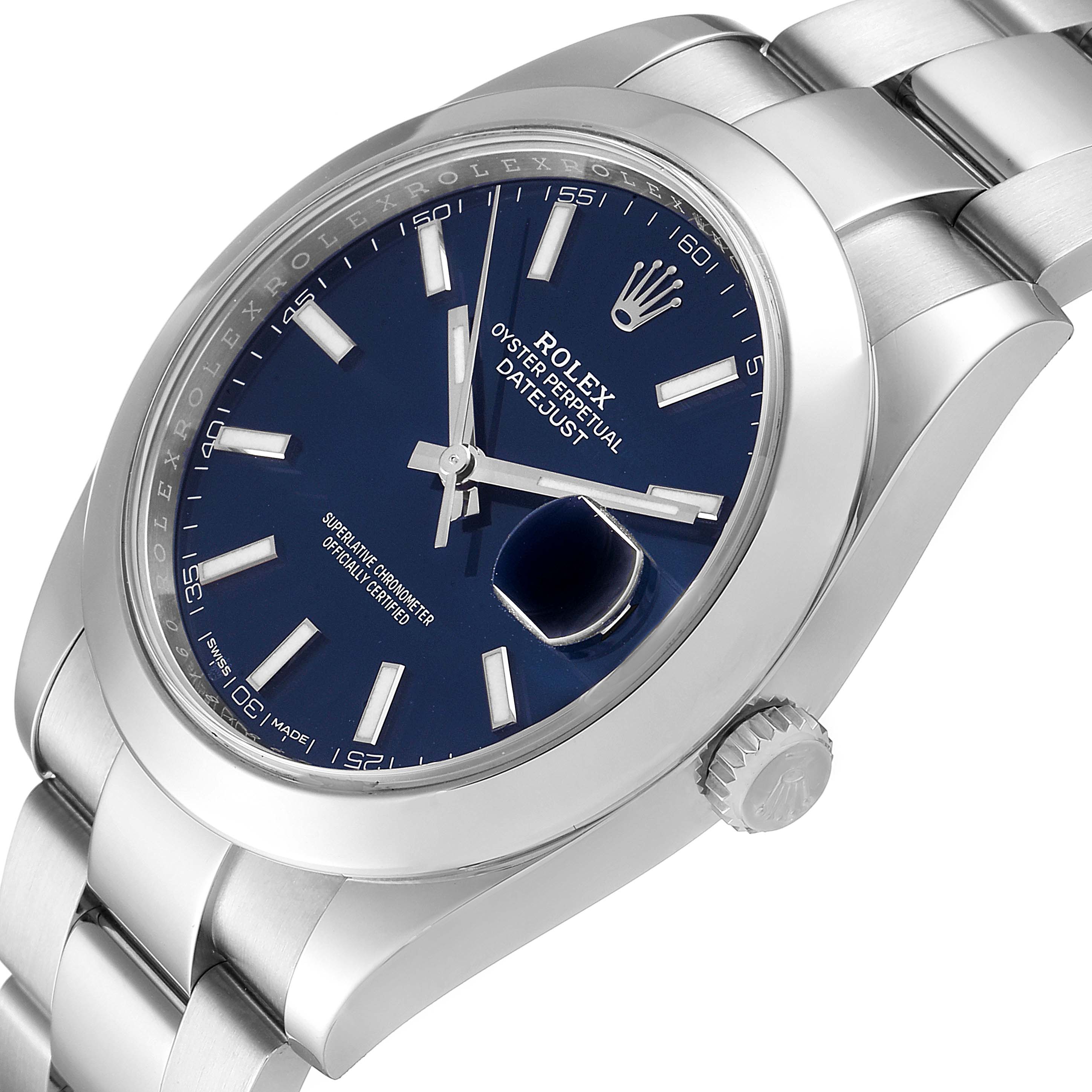 This image shows a close-up angle of the Rolex Datejust 41 126300 Men's Stainless Steel Blue Dial 126300 Men's Stainless Steel Blue Dial watch, highlighting the dial, bezel, crown, and part of the bracelet.