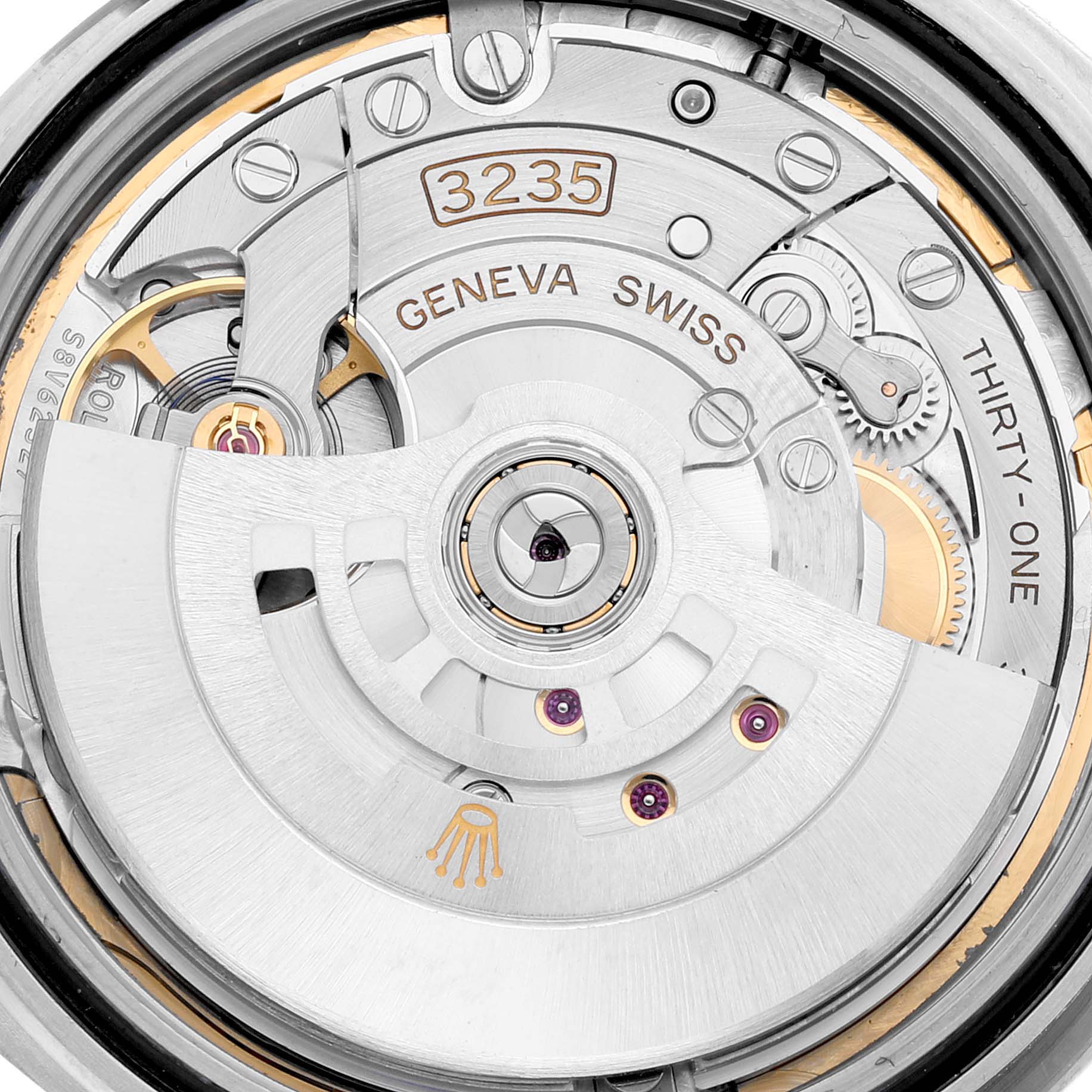 This image shows a close-up view of the movement mechanism of a Rolex Datejust 41 126334 Men's Stainless Steel White Dial 126334 Men's Stainless Steel White Dial watch.