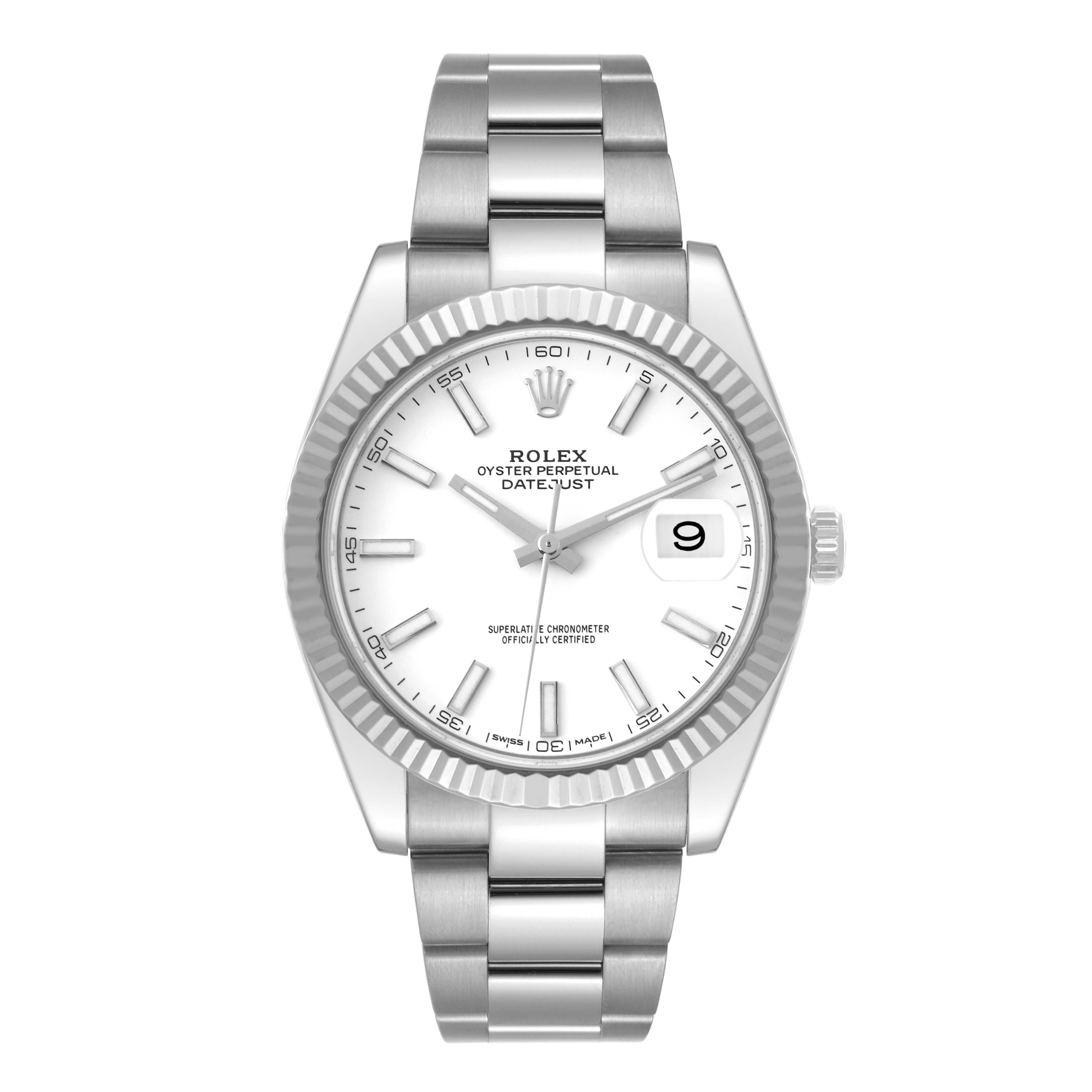 The Rolex Datejust 41 126334 Men's Stainless Steel White Dial 126334 Men's Stainless Steel White Dial model is shown from the front, displaying the dial, bracelet, and bezel.