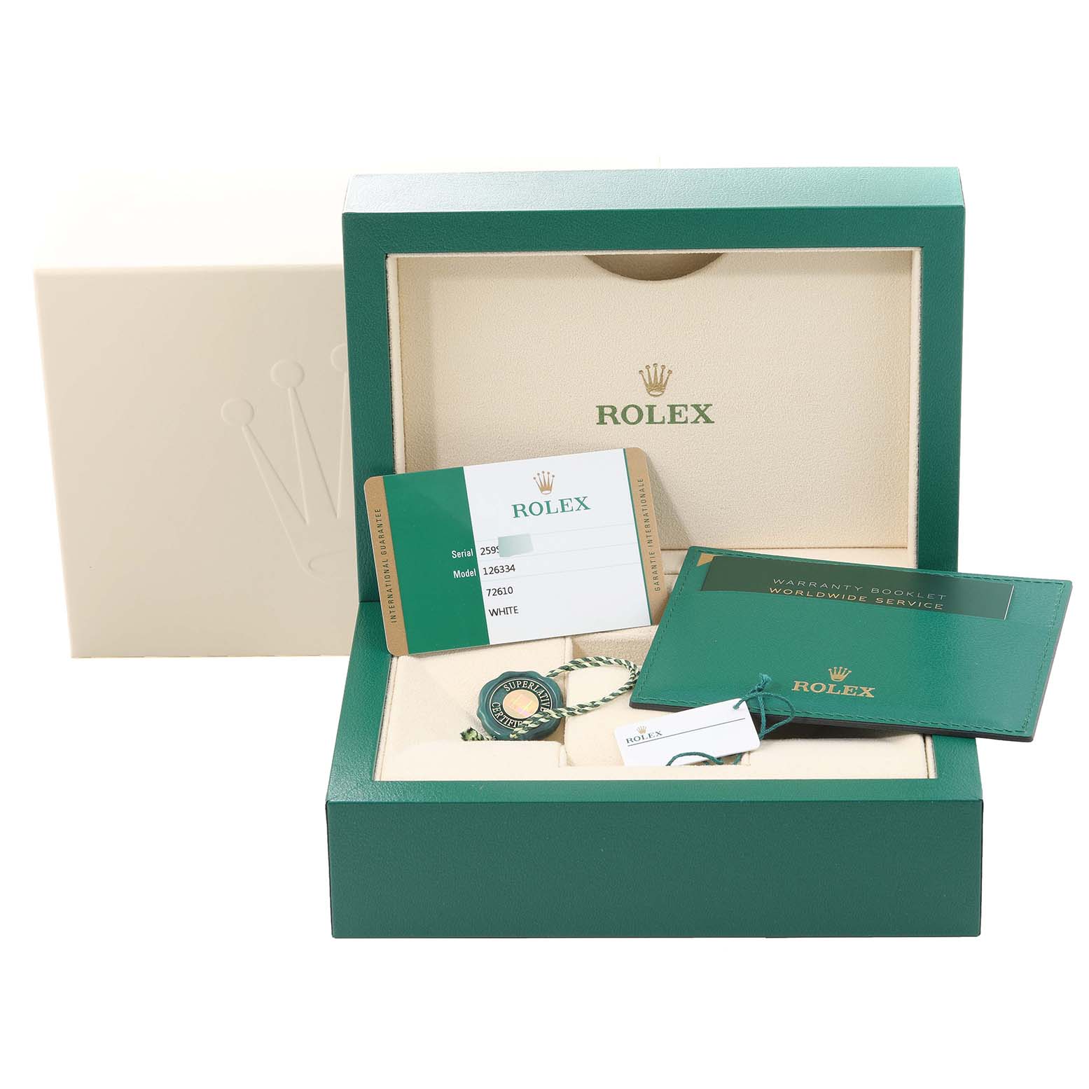 This image shows the packaging, warranty card, booklet, and tag for the Rolex Datejust 41 126334 Men's Stainless Steel White Dial 126334 Men's Stainless Steel White Dial model.