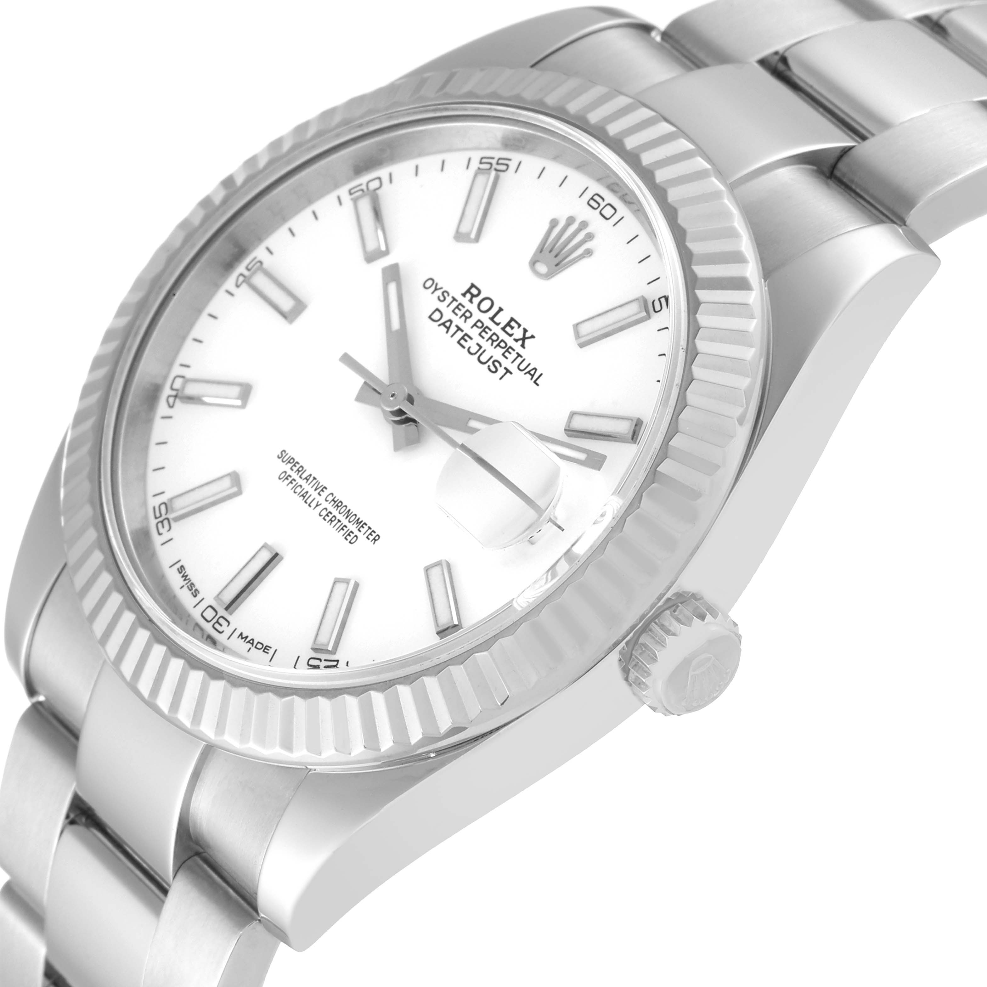 The image shows a close-up, angled view of the Rolex Datejust 41 126334 Men's Stainless Steel White Dial 126334 Men's Stainless Steel White Dial watch, highlighting the bezel, dial, and crown.