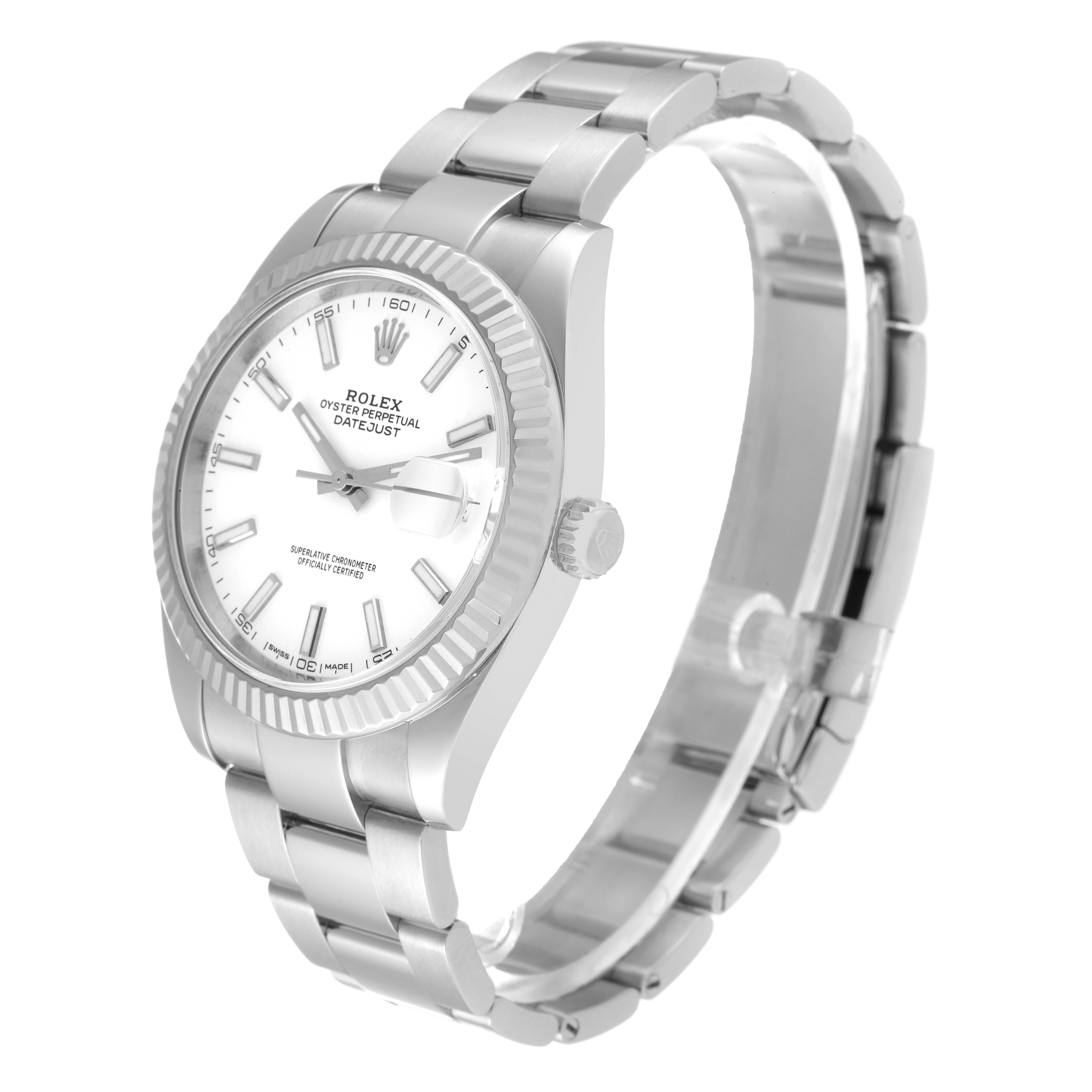 The image shows a side-angle view of a Rolex Datejust 41 126334 Men's Stainless Steel White Dial 126334 Men's Stainless Steel White Dial watch, highlighting the dial, bezel, and bracelet.