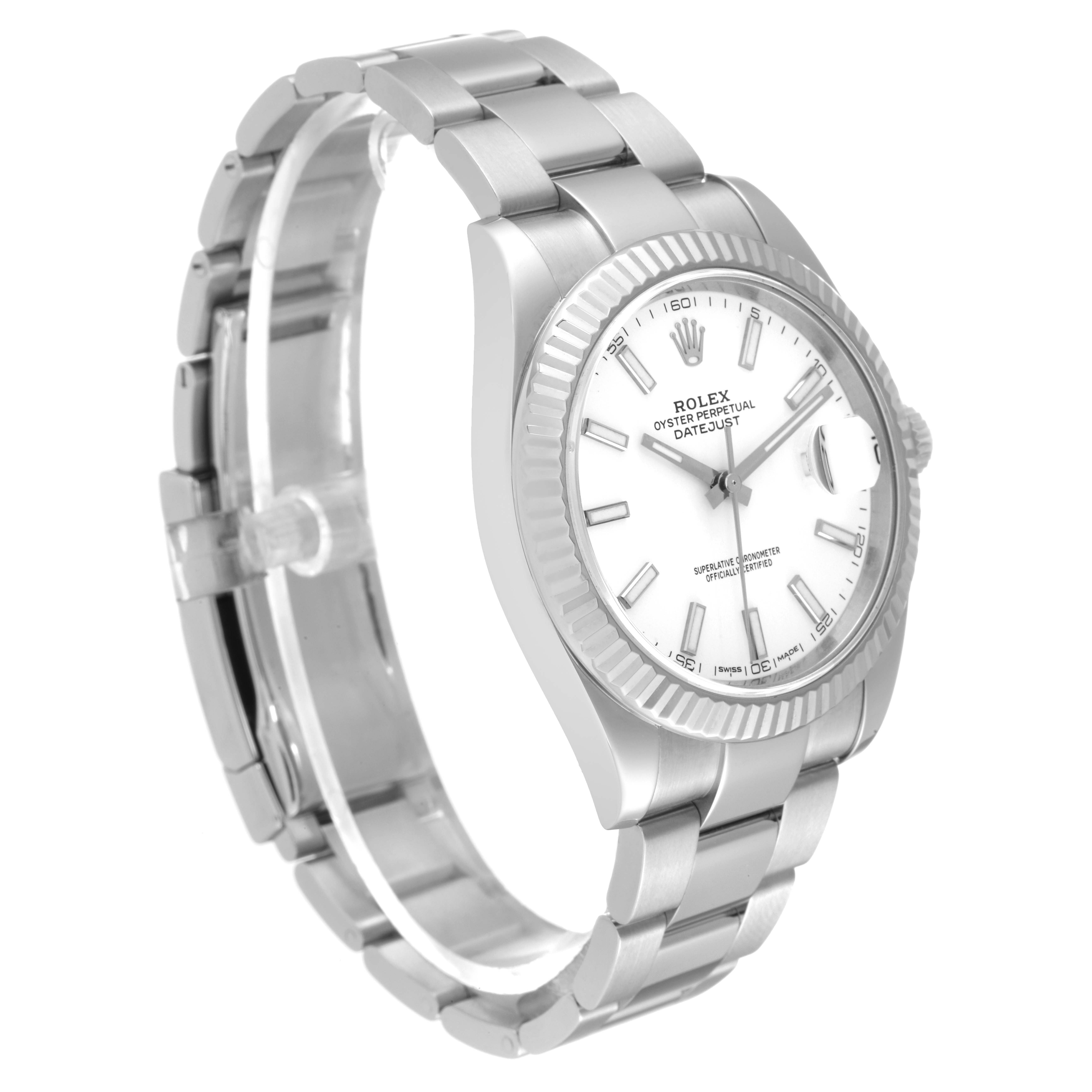 The image shows a Rolex Datejust 41 126334 Men's Stainless Steel White Dial 126334 Men's Stainless Steel White Dial watch at a slightly tilted angle, highlighting its face, bezel, bracelet, and clasp.