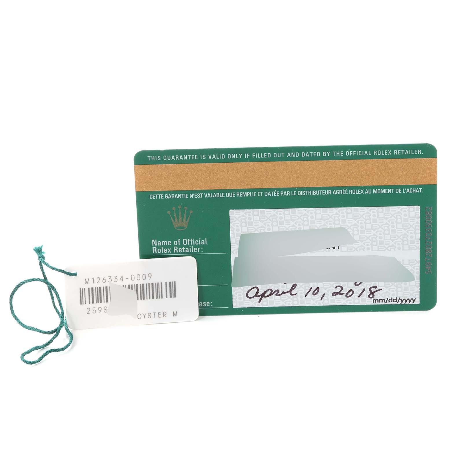 The image shows a guarantee card and tag for a Rolex Datejust 41 126334 Men's Stainless Steel White Dial 126334 Men's Stainless Steel White Dial, displaying the purchase date and model details.