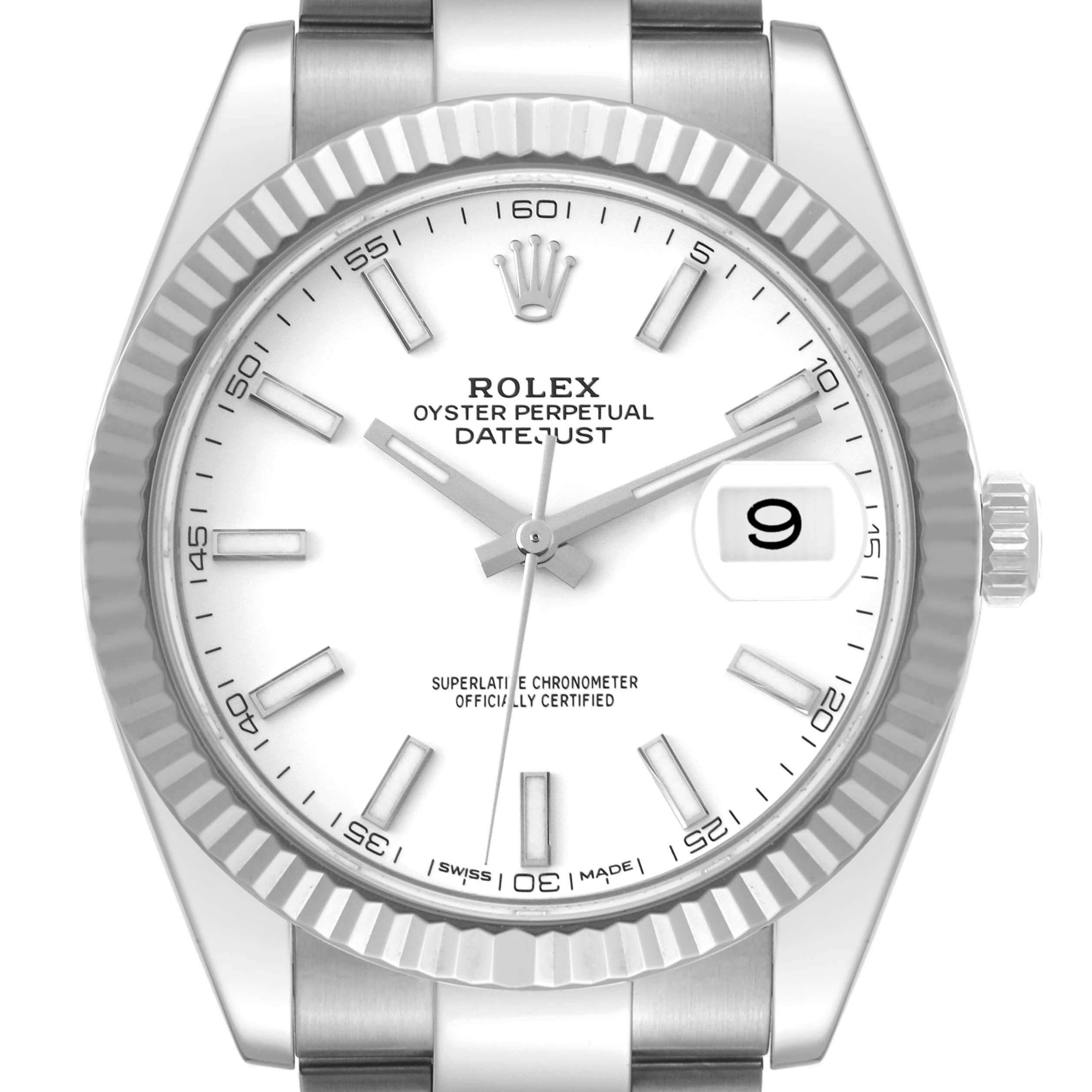 This is a close-up of the Rolex Datejust 41 126334 Men's Stainless Steel White Dial 126334 Men's Stainless Steel White Dial watch face, showing the bezel, dial, hands, indices, and date window.