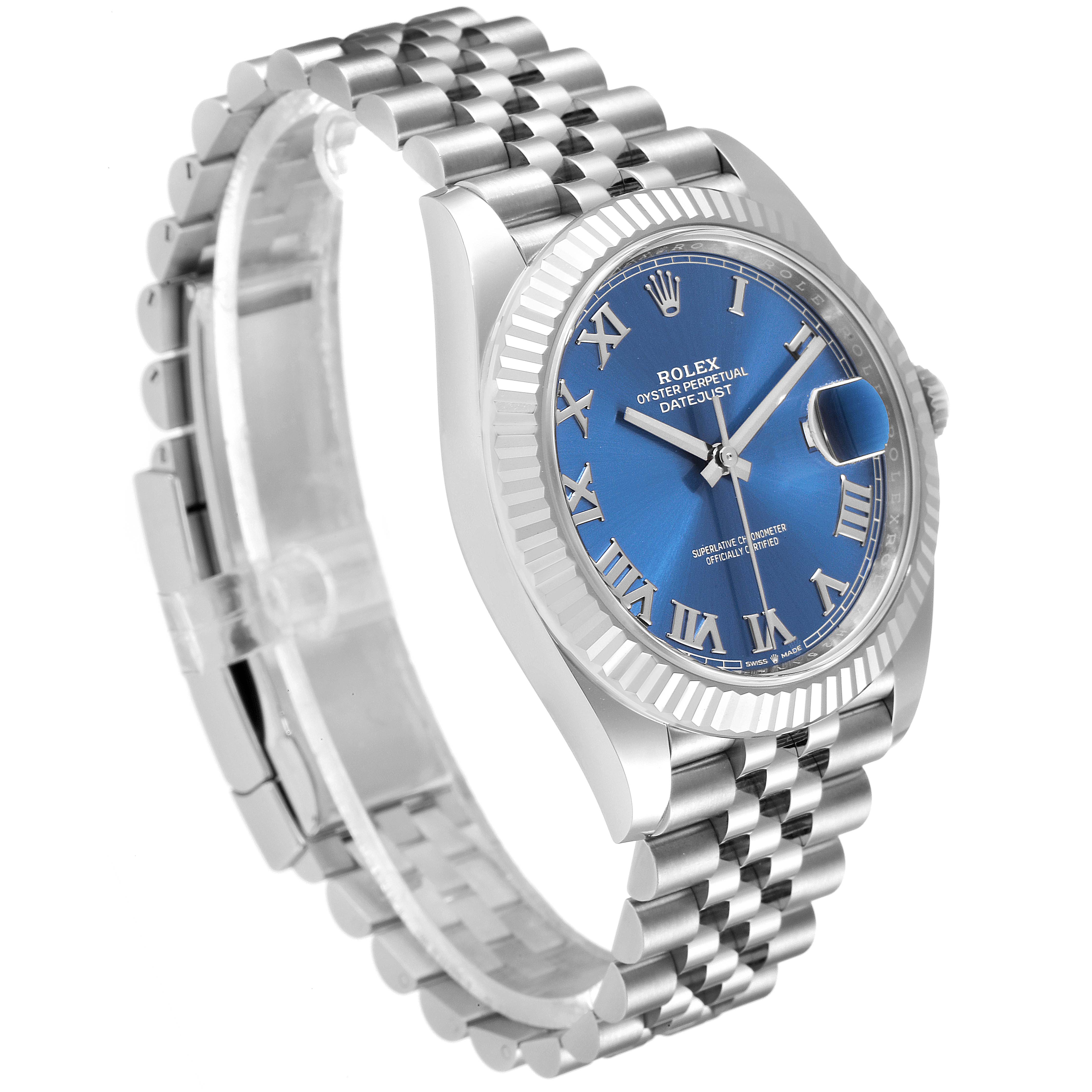 This image shows a Rolex Datejust 41 126334 Men
s Stainless Steel Blue Dial 126334 Men
s Stainless Steel Blue Dial watch at a 3/4 angle, highlighting the blue dial, Roman numerals, fluted bezel, and jubilee bracelet.